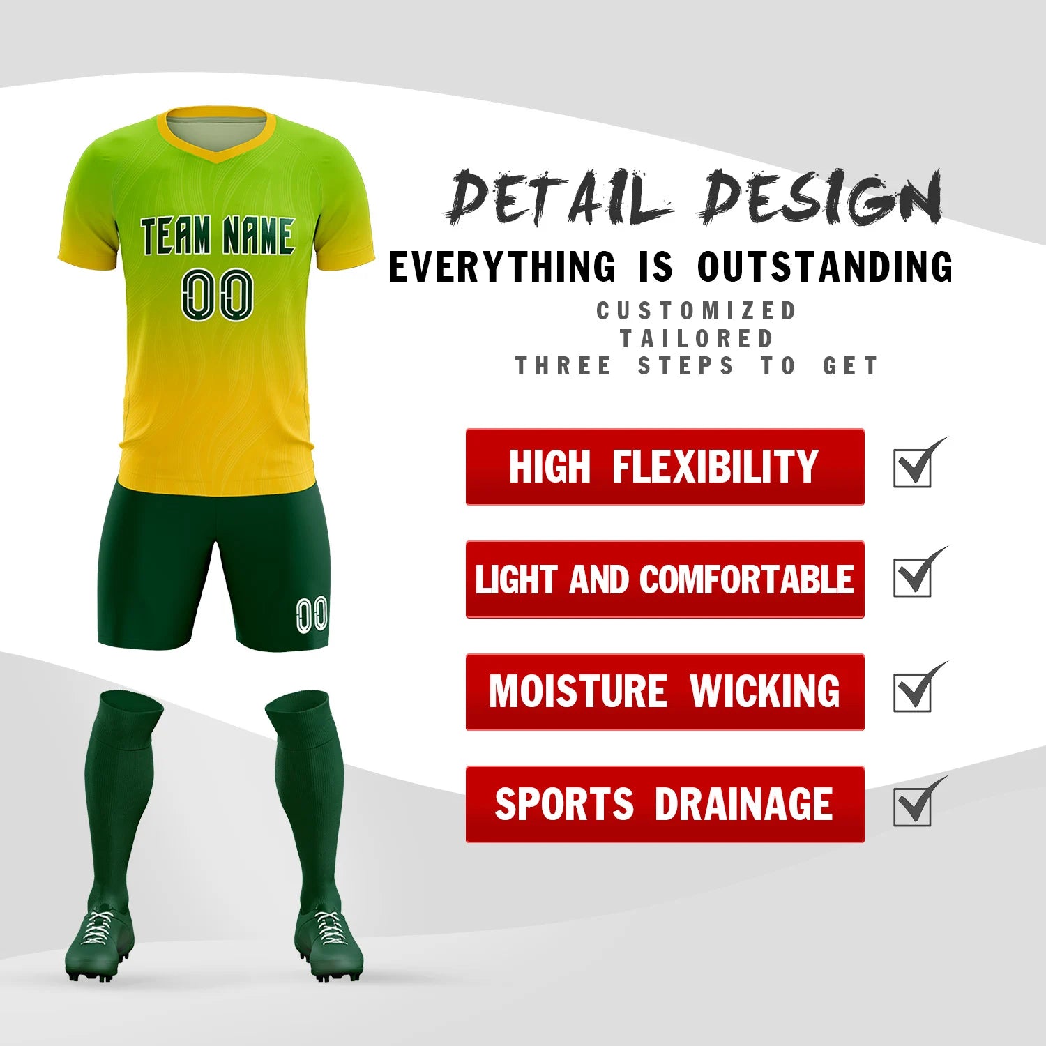 Custom Neon Green Gold01 Printing Sportswear Soccer Sets Jersey