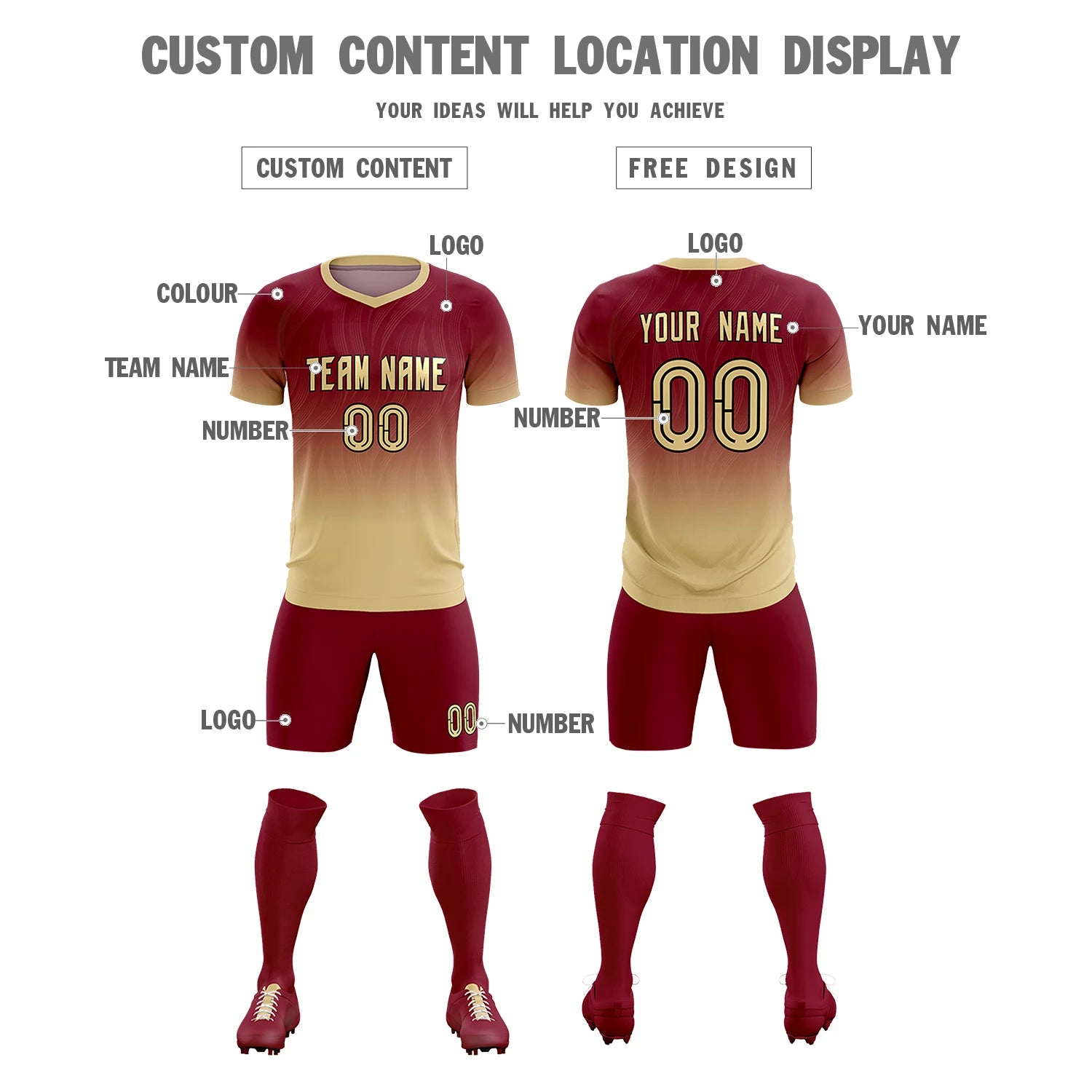 Custom Crimson Khaki Printing Sportswear Soccer Sets Jersey