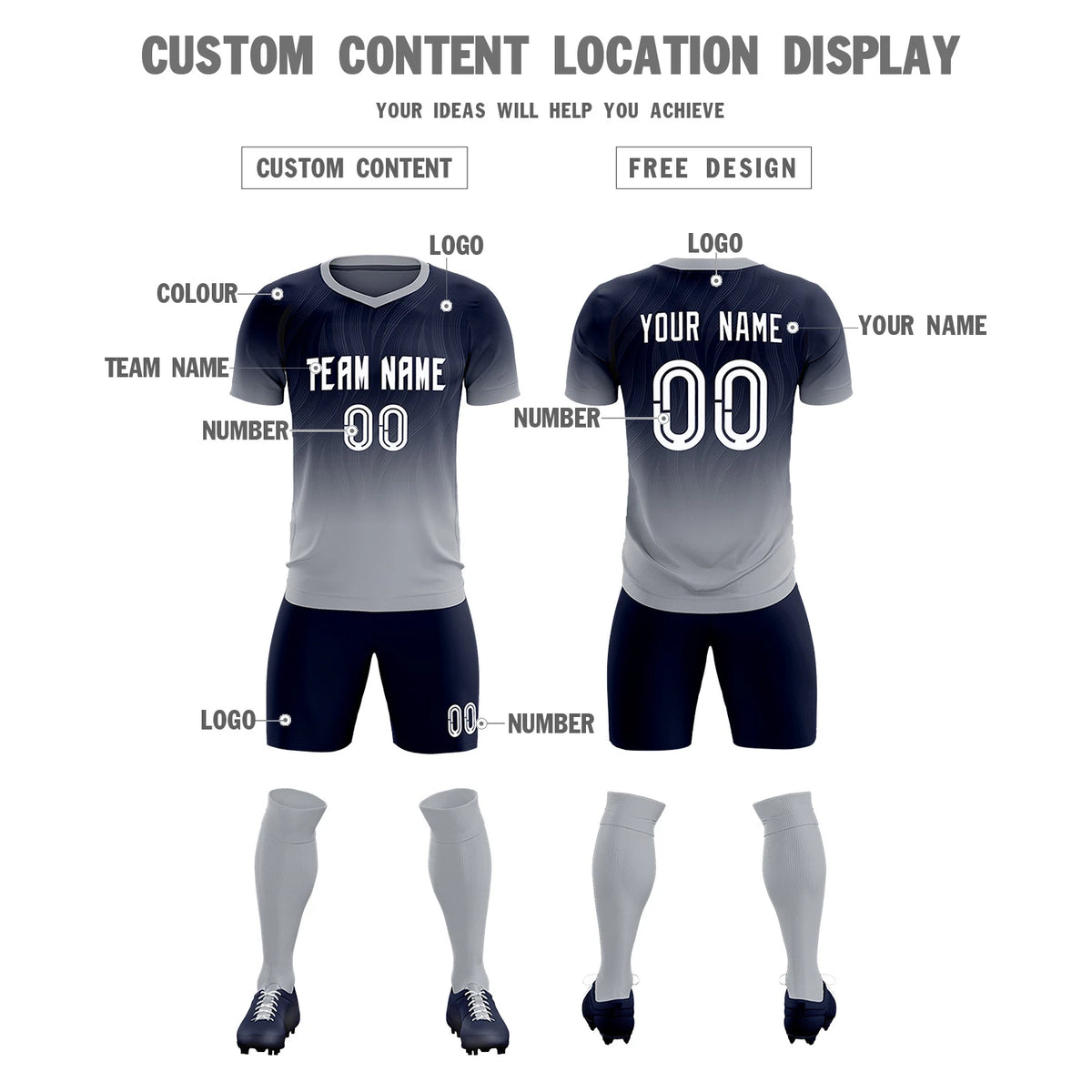 Custom Navy Gray Printing Sportswear Soccer Sets Jersey