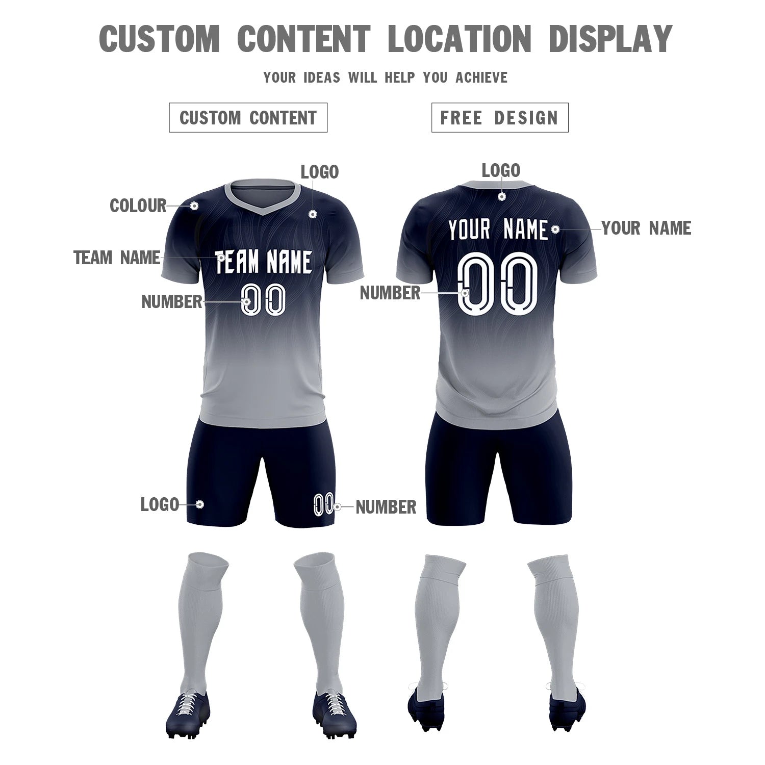 Custom Navy Gray Printing Sportswear Soccer Sets Jersey