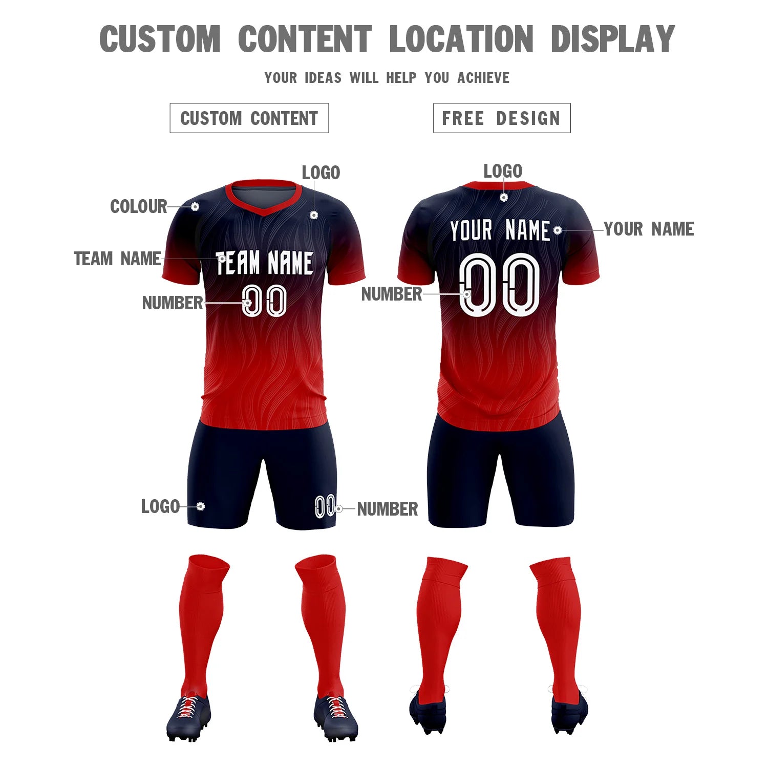 Custom Navy Red Printing Sportswear Soccer Sets Jersey