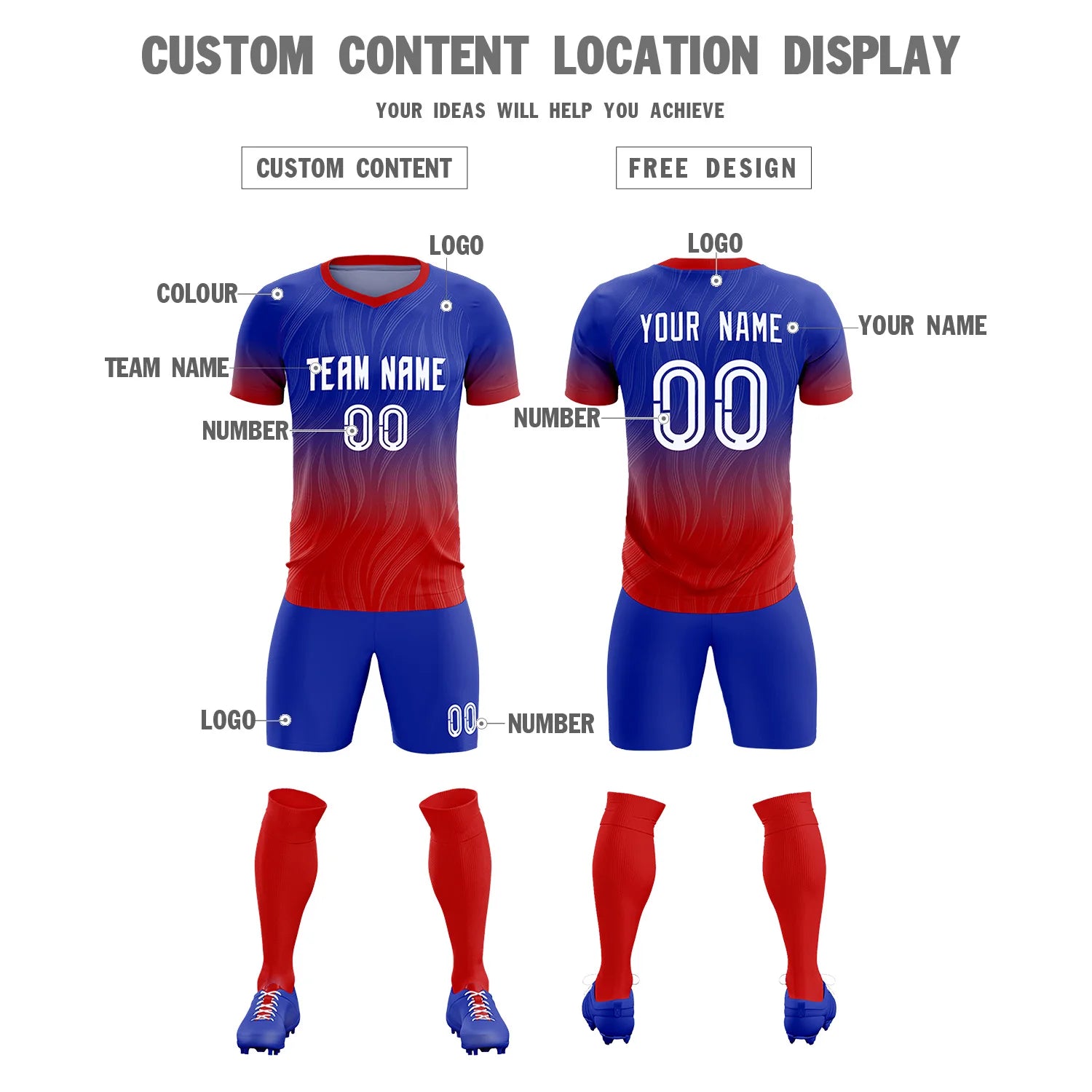 Custom Royal Blue Red Printing Sportswear Soccer Sets Jersey