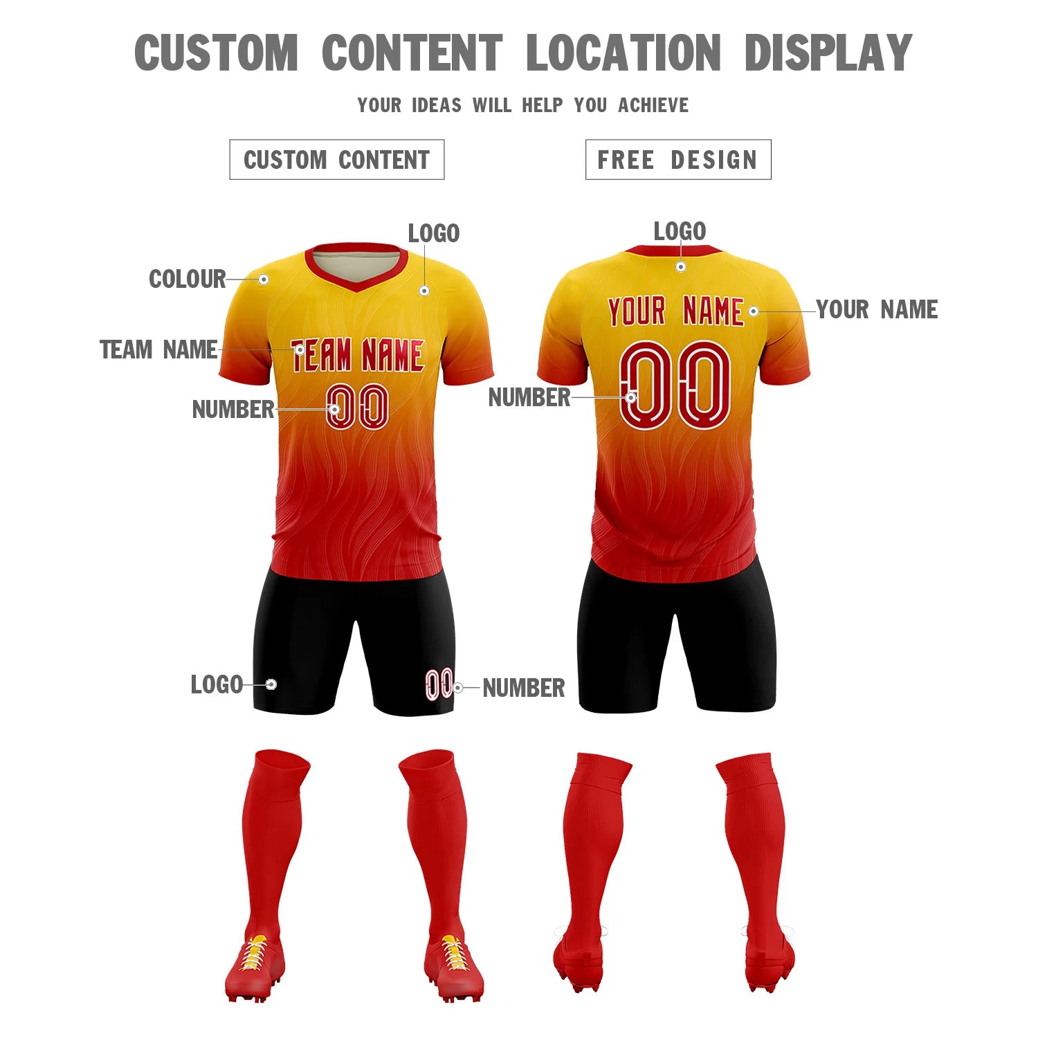 Custom Gold01 Red Printing Sportswear Soccer Sets Jersey