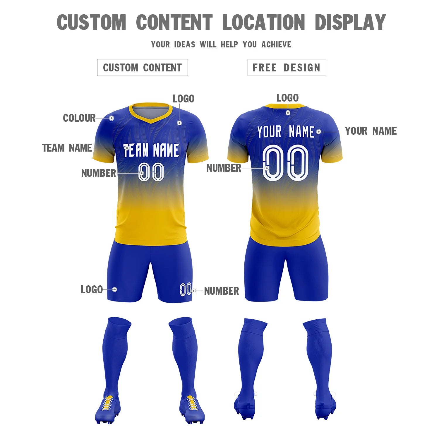 Custom Royal Blue Gold01 Printing Sportswear Soccer Sets Jersey