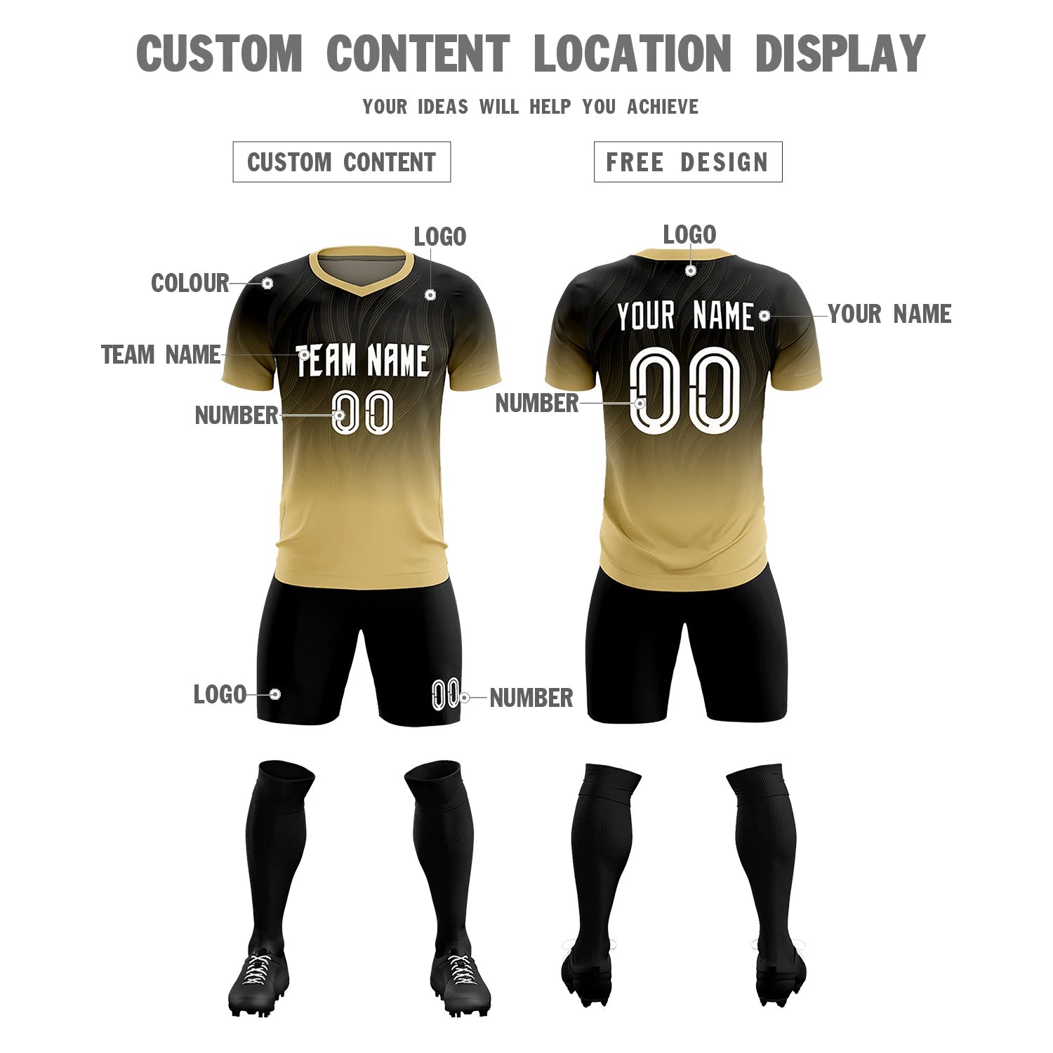 Custom Black Khaki Printing Sportswear Soccer Sets Jersey