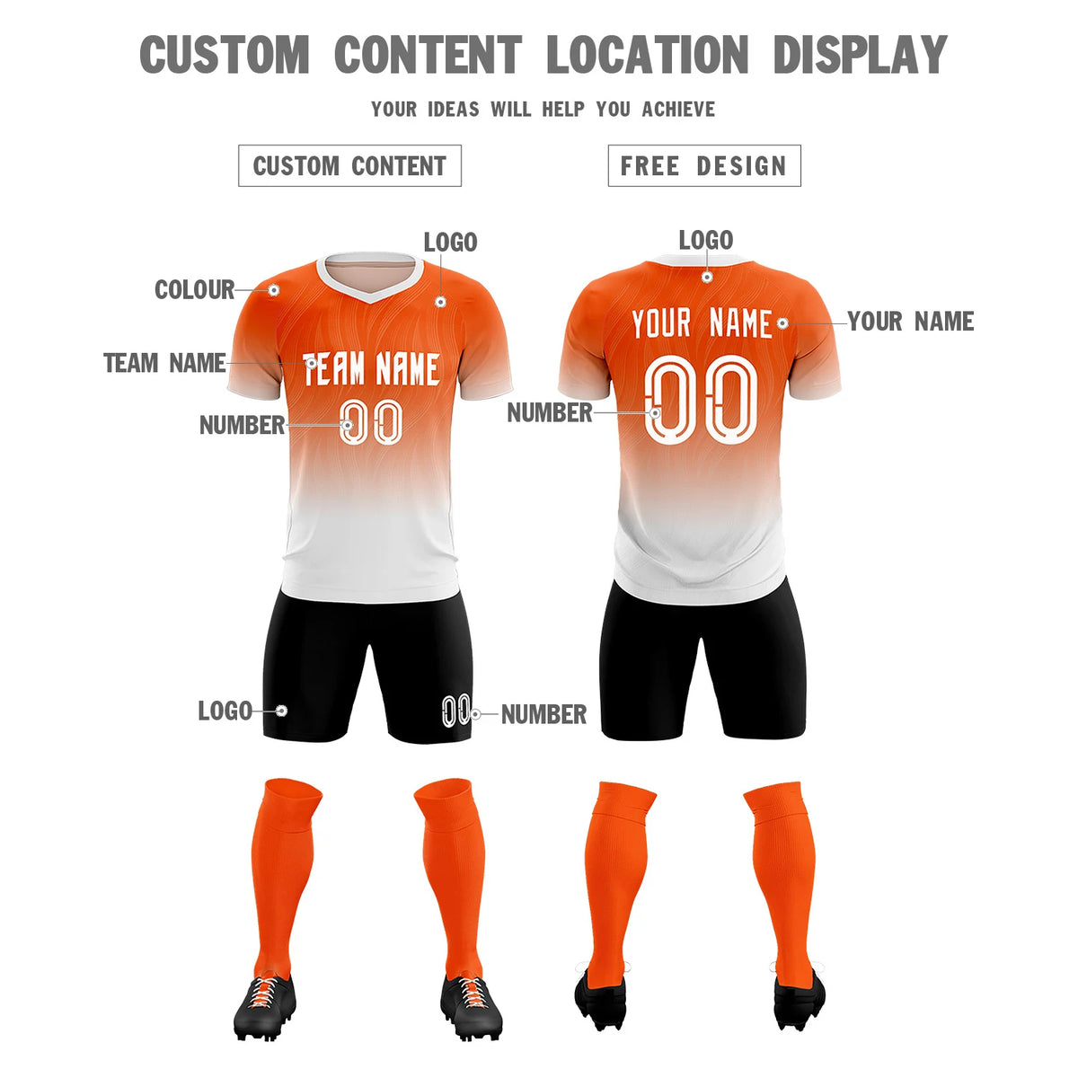 Custom Orange White Printing Sportswear Soccer Sets Jersey