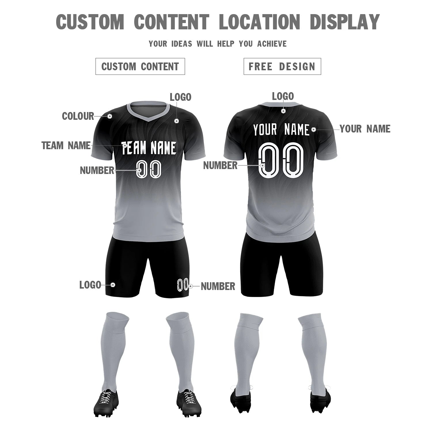 Custom Black Gray Printing Sportswear Soccer Sets Jersey