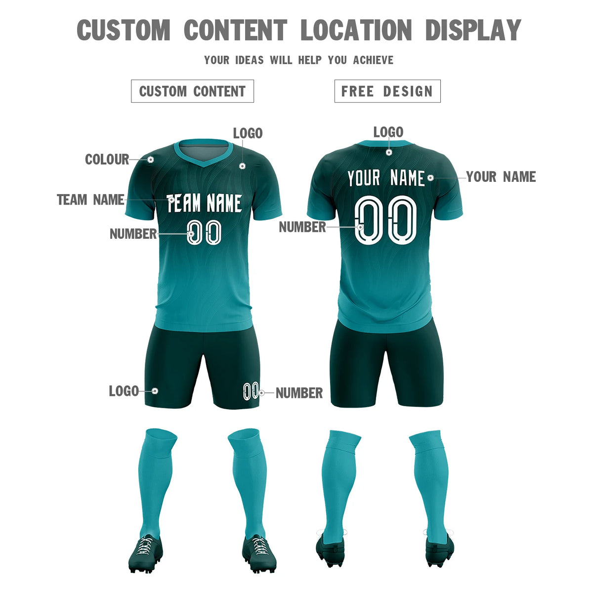 Custom Midnight Green Aqua Printing Sportswear Soccer Sets Jersey