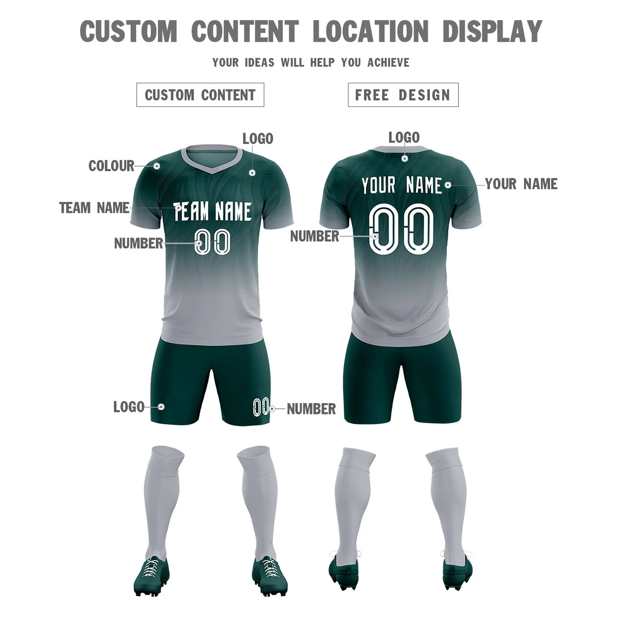 Custom Midnight Green Gray Printing Sportswear Soccer Sets Jersey