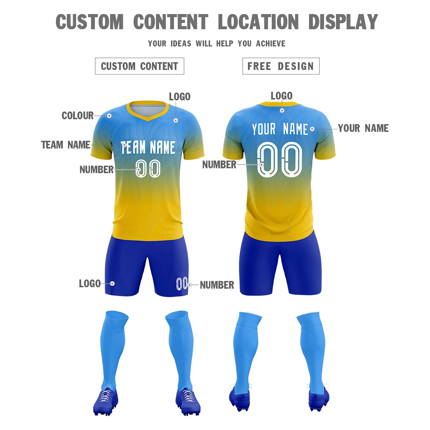 Custom Powder Blue Gold01 Printing Sportswear Soccer Sets Jersey