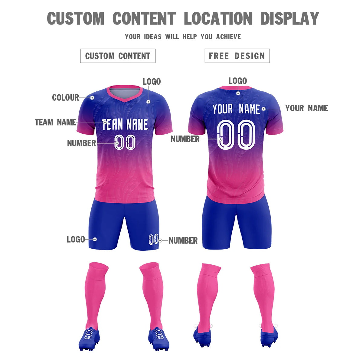 Custom Royal Blue Pink Printing Sportswear Soccer Sets Jersey