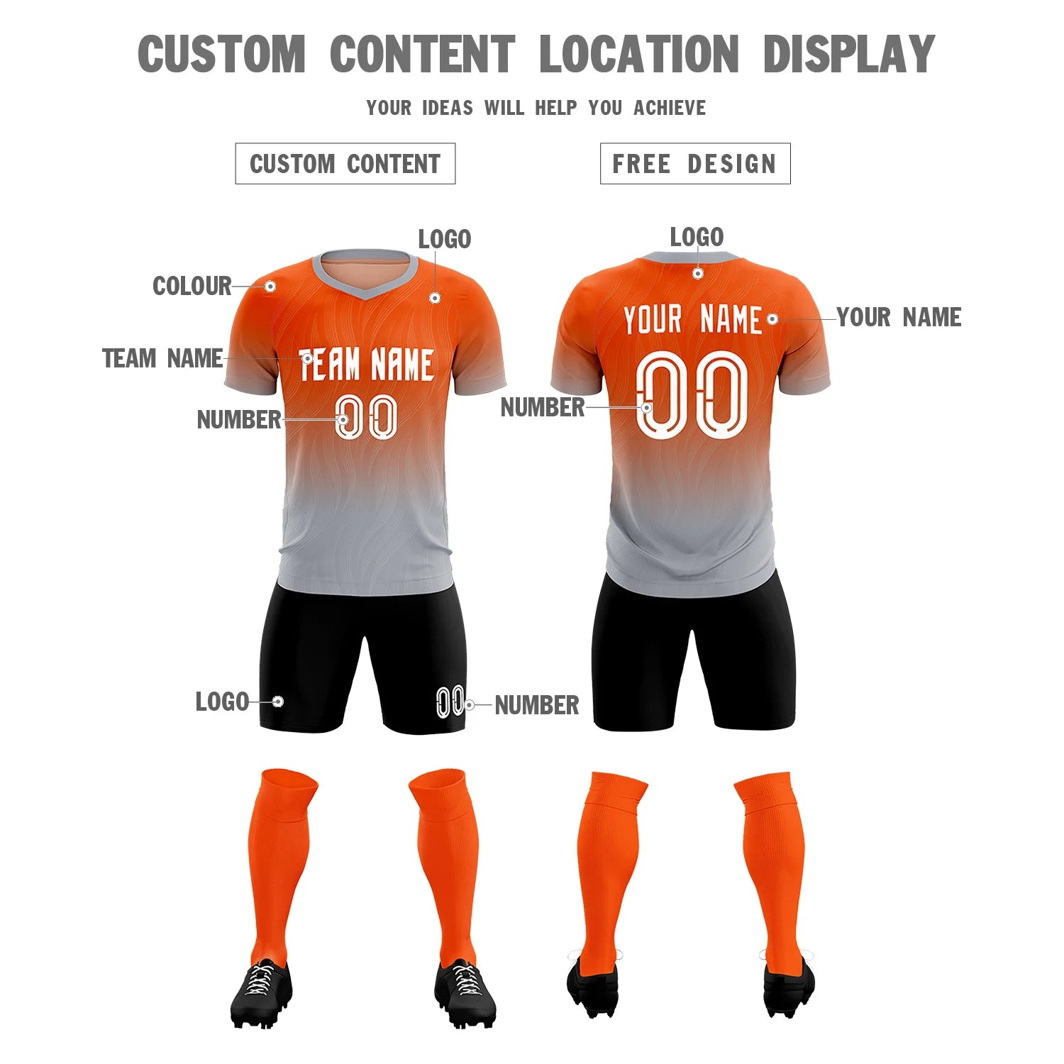 Custom Orange Gray Printing Sportswear Soccer Sets Jersey
