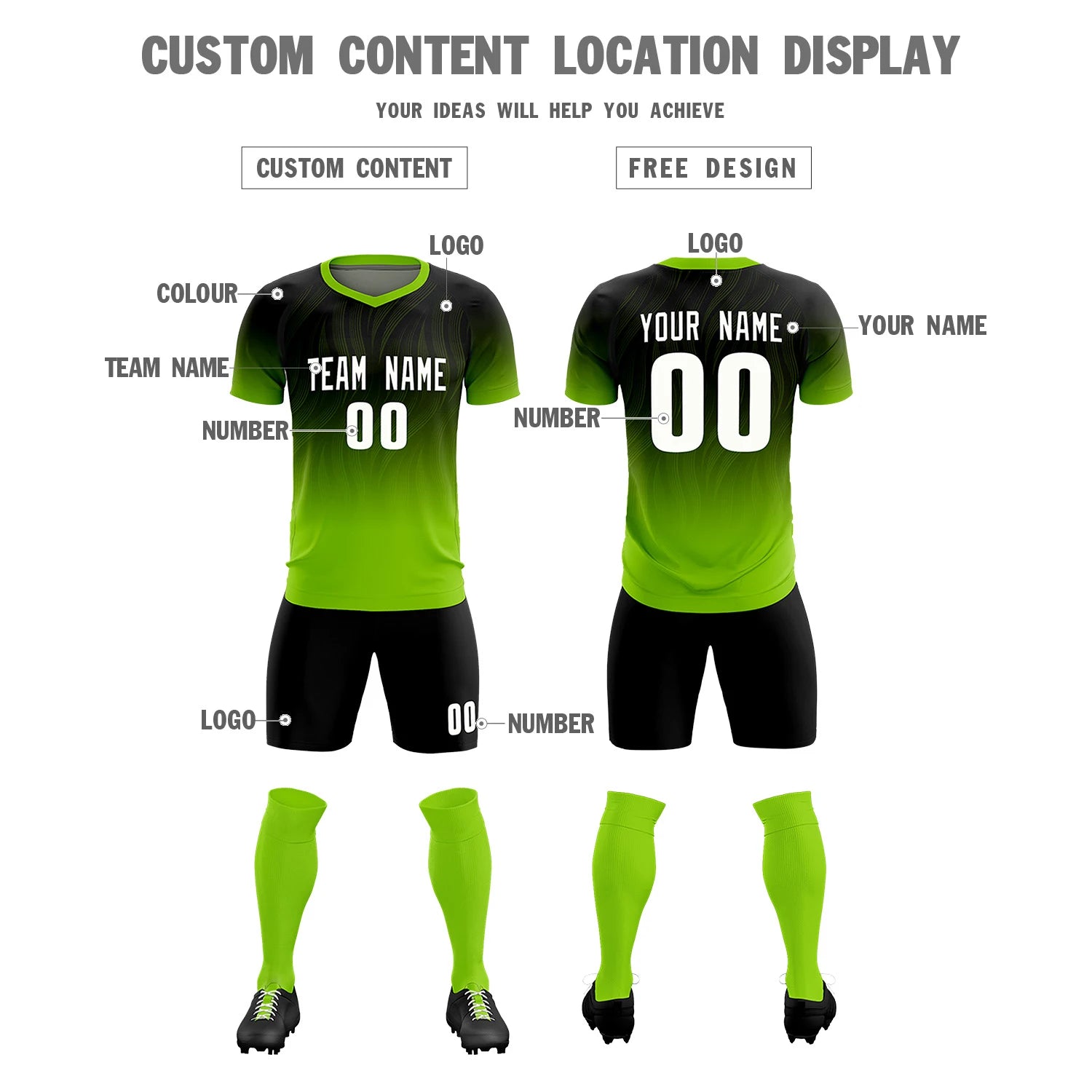 Custom Black Neon Green Printing Sportswear Soccer Sets Jersey