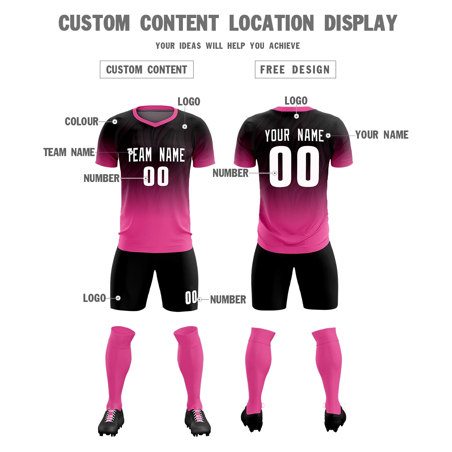 Custom Black Pink Printing Sportswear Soccer Sets Jersey