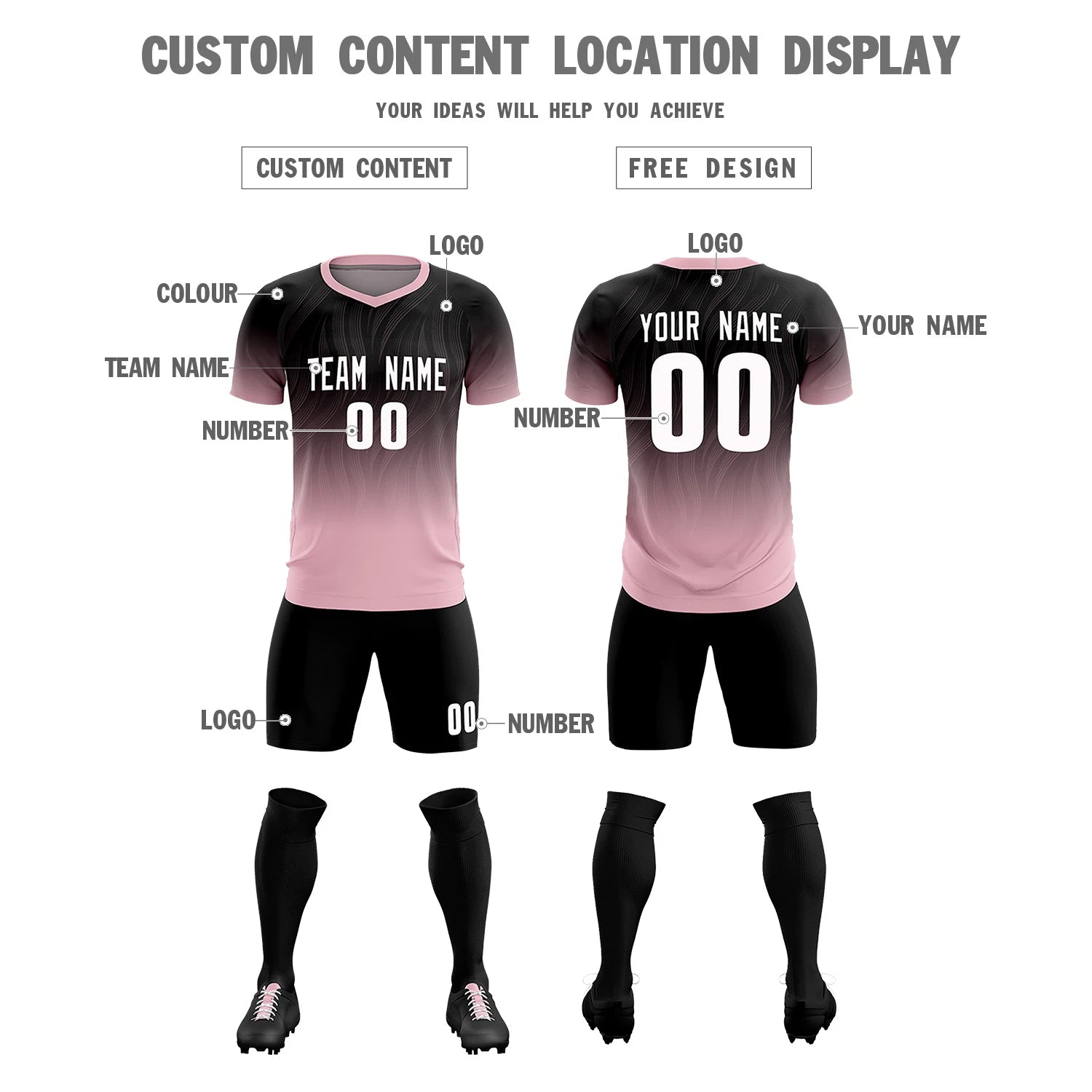 Custom Black Light Pink Printing Sportswear Soccer Sets Jersey