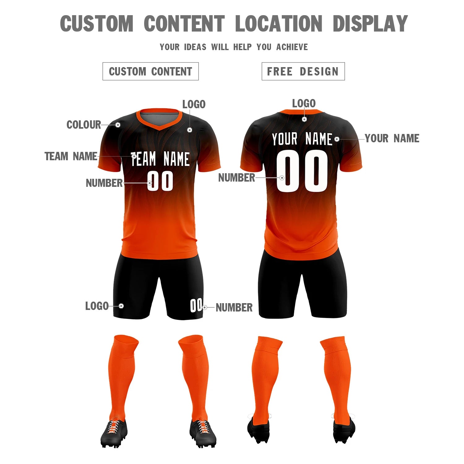 Custom Black Orange Printing Sportswear Soccer Sets Jersey