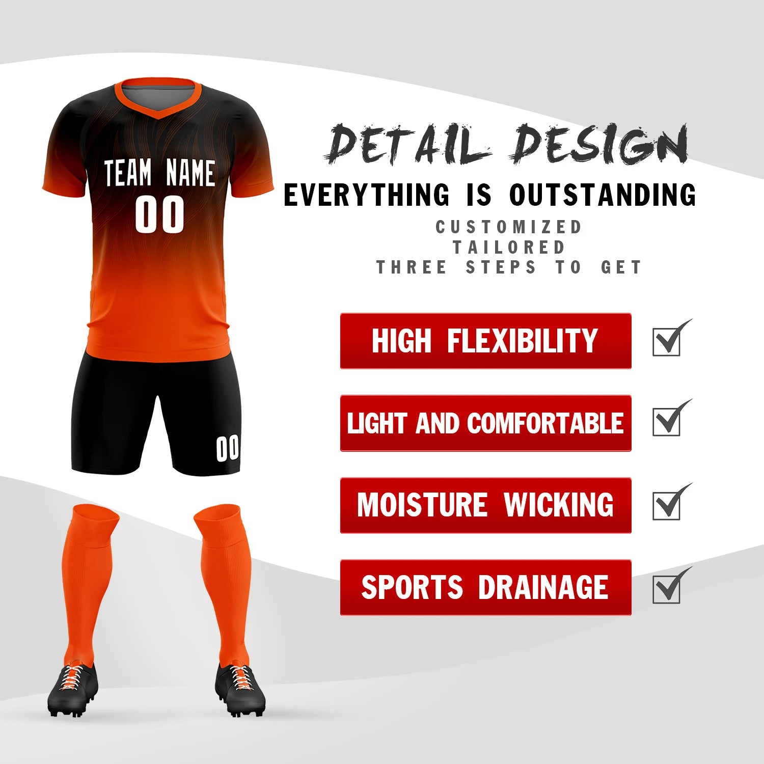 Custom Black Orange Printing Sportswear Soccer Sets Jersey