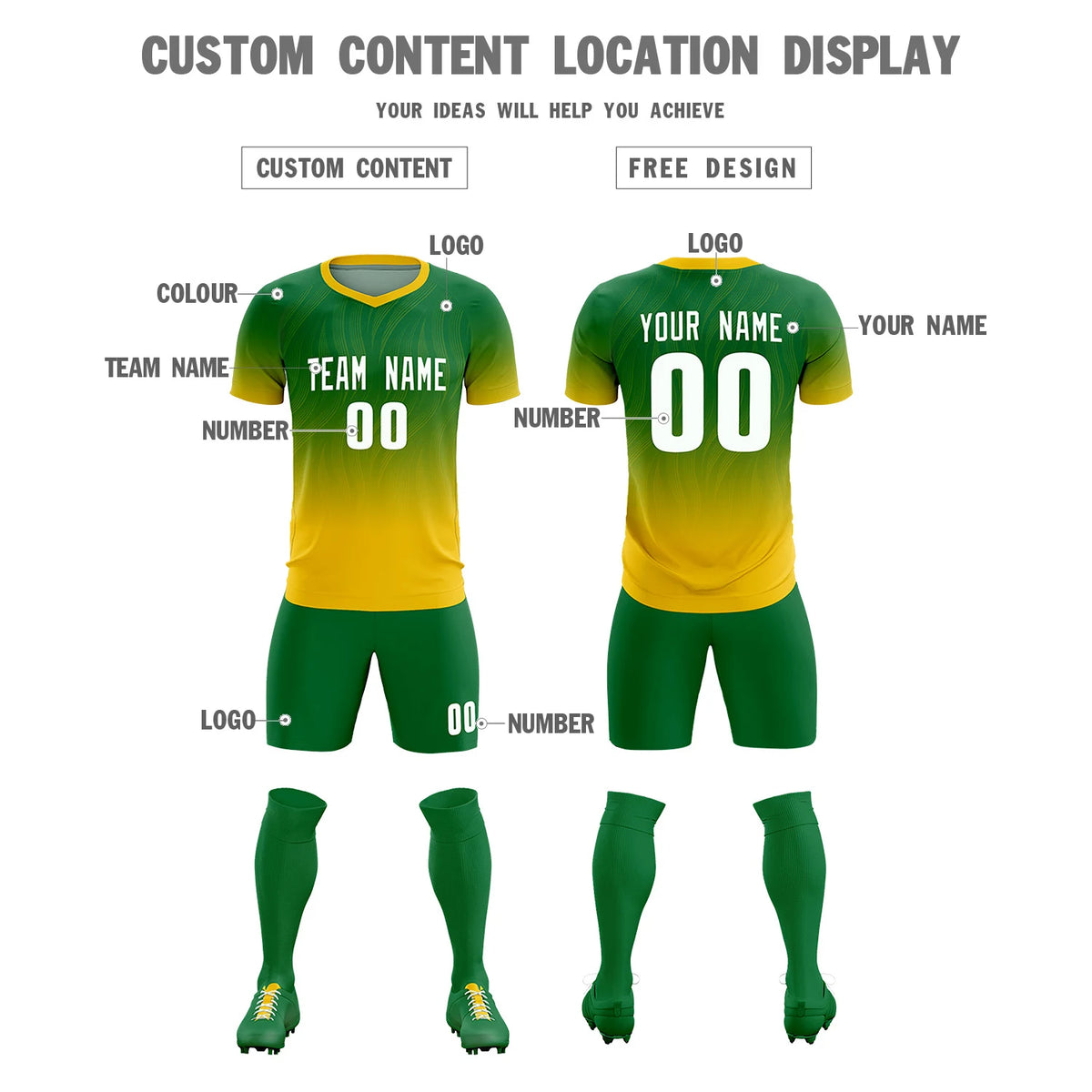 Custom Kelly Green Gold01 Printing Sportswear Soccer Sets Jersey