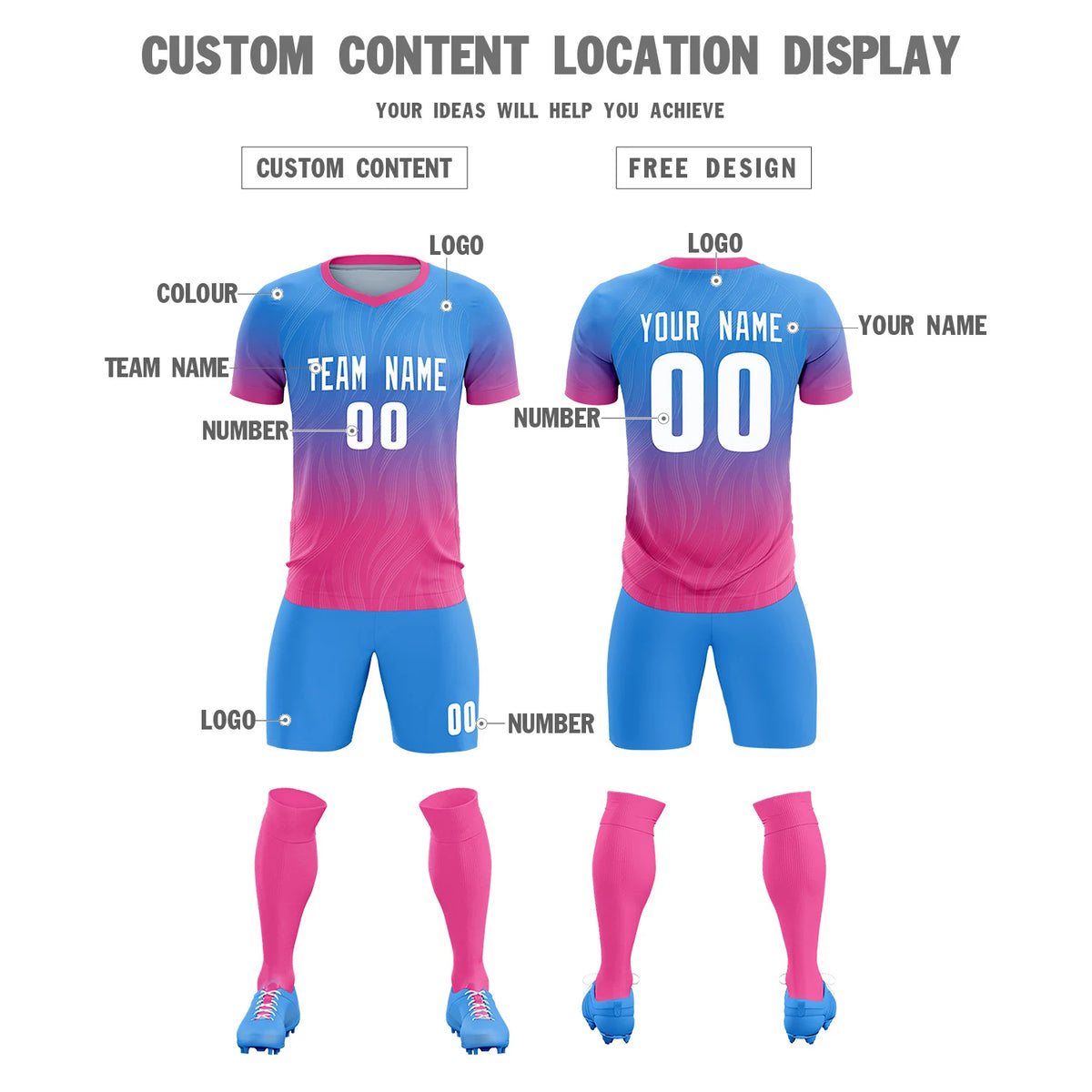 Custom Powder Blue Pink Printing Sportswear Soccer Sets Jersey