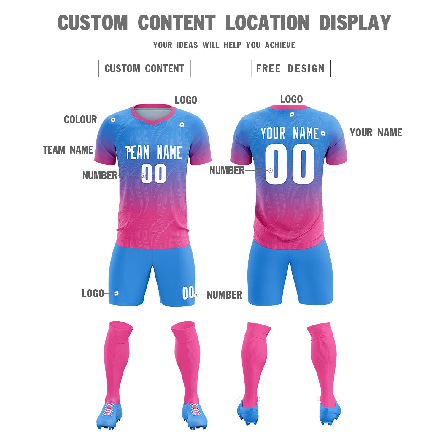 Custom Powder Blue Pink Printing Sportswear Soccer Sets Jersey