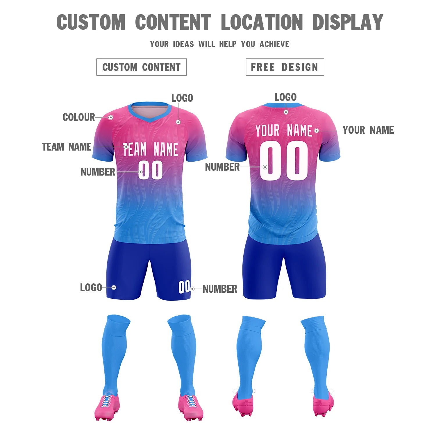 Custom Pink Powder Blue Printing Sportswear Soccer Sets Jersey