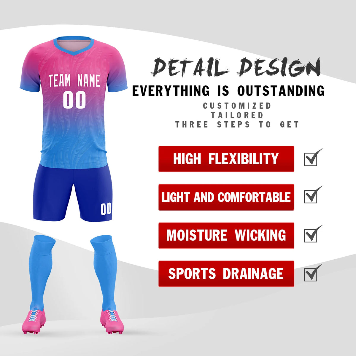 Custom Pink Powder Blue Printing Sportswear Soccer Sets Jersey