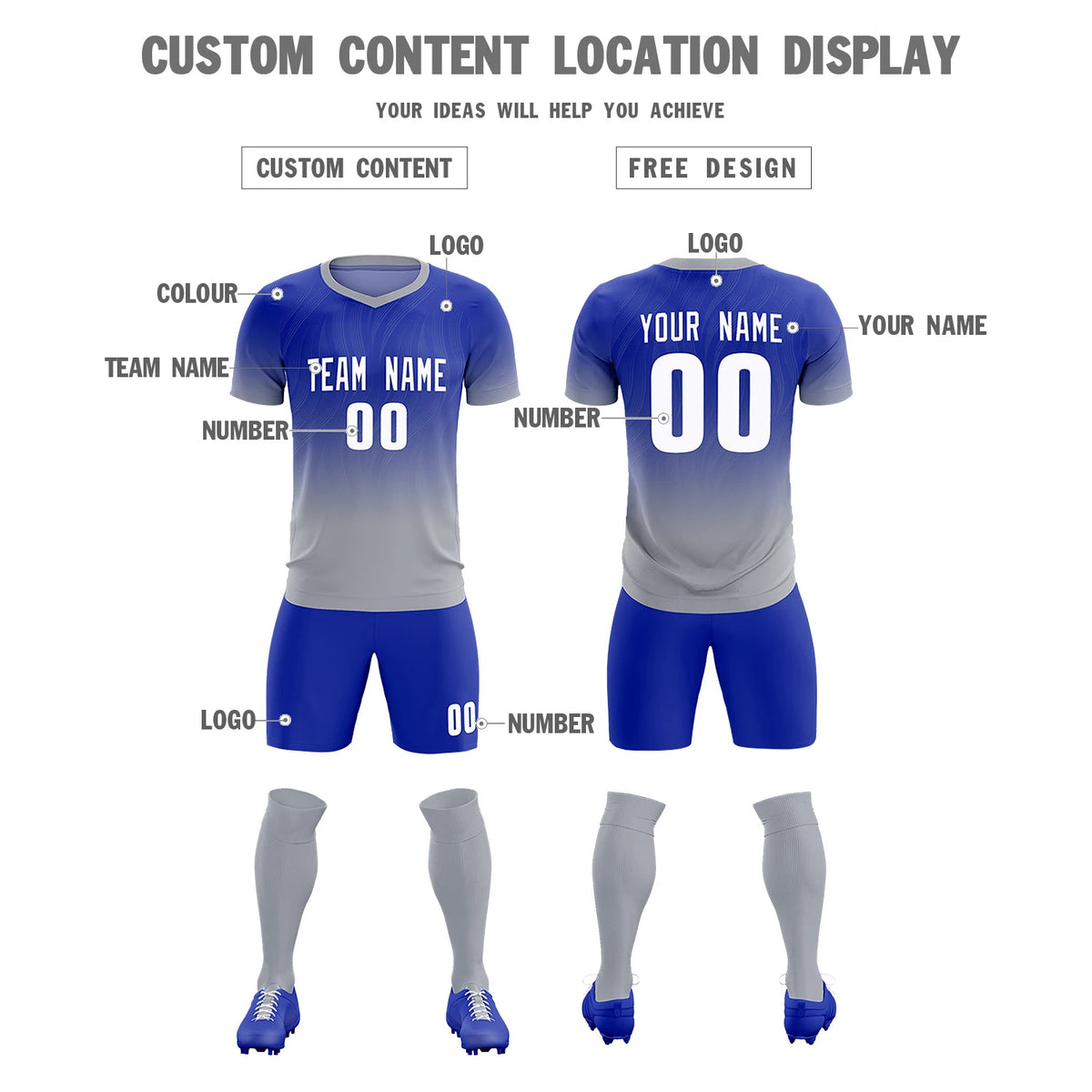 Custom Royal Blue Gray Printing Sportswear Soccer Sets Jersey