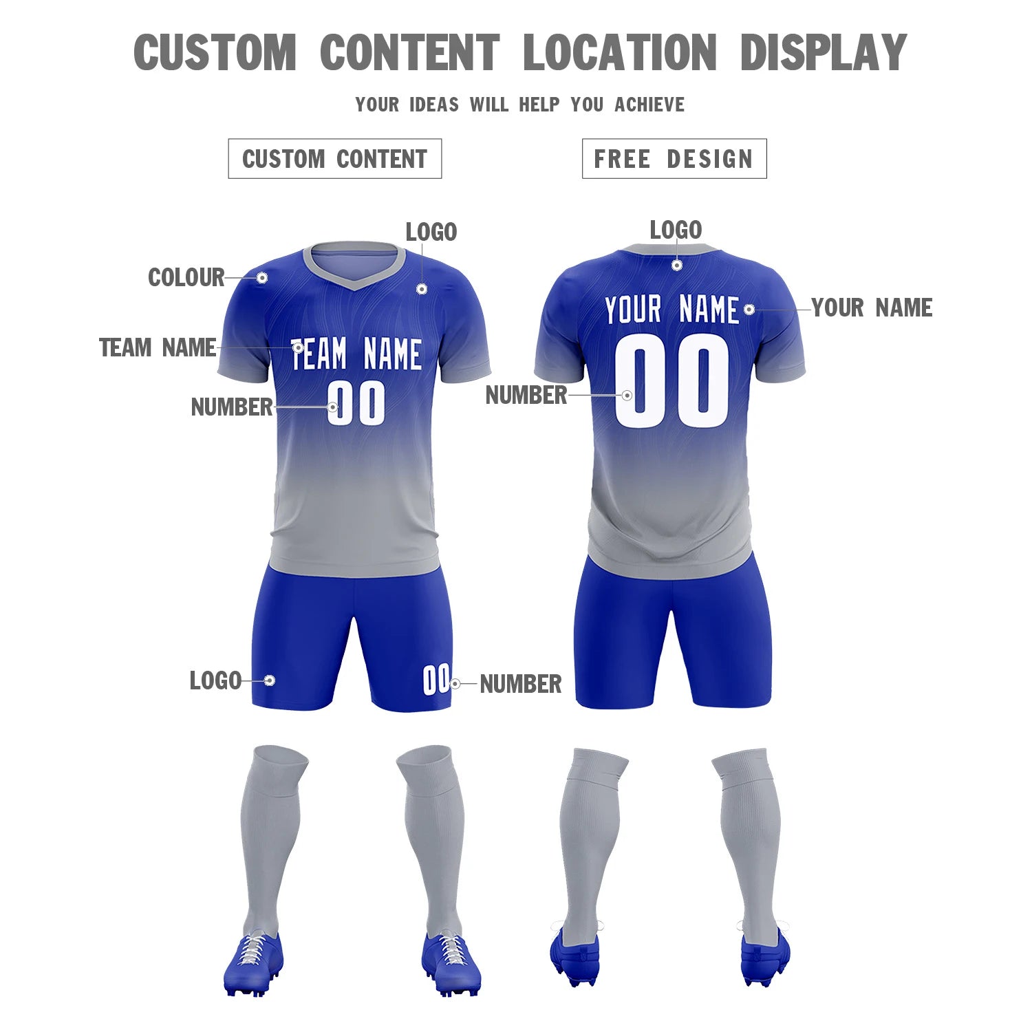 Custom Royal Blue Gray Printing Sportswear Soccer Sets Jersey
