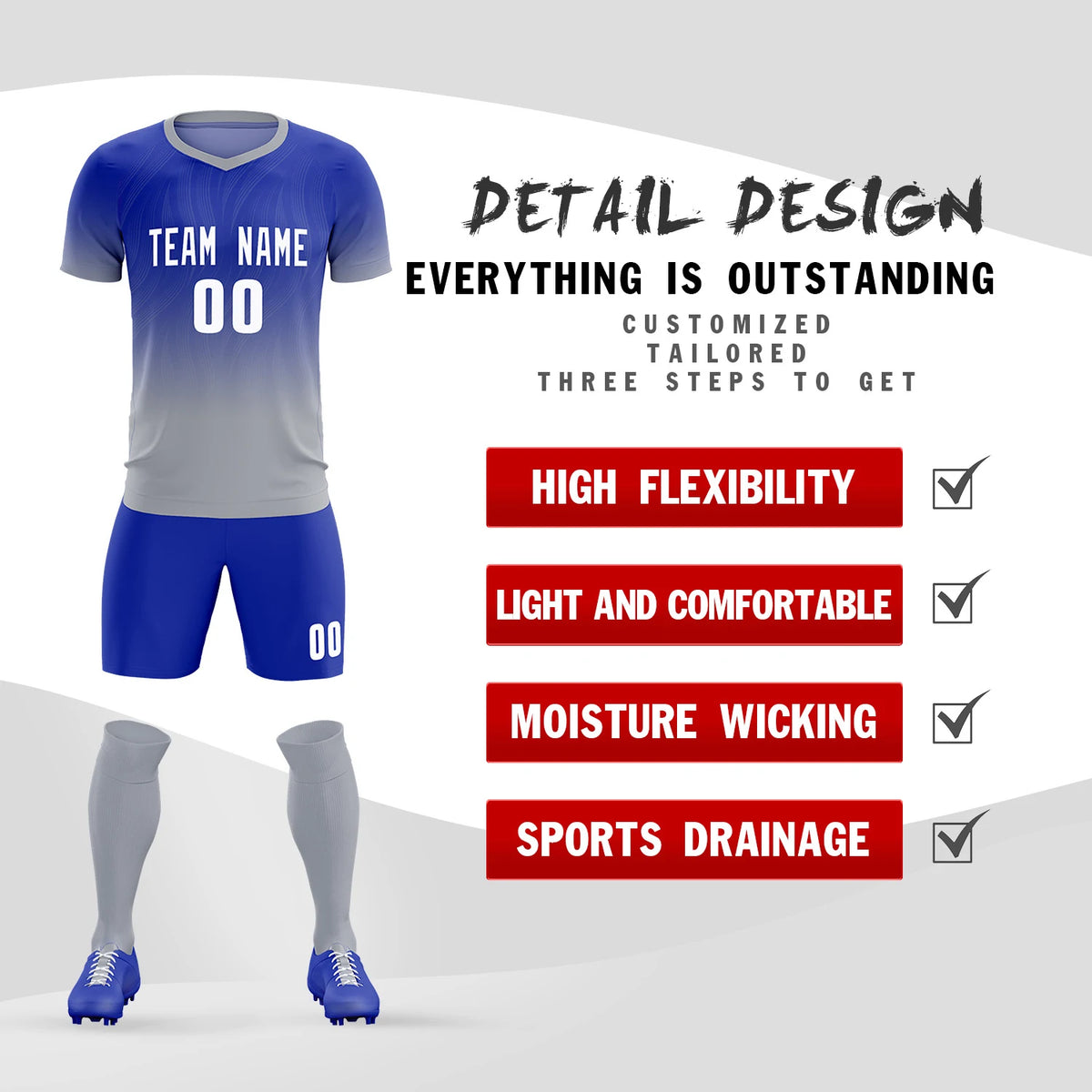 Custom Royal Blue Gray Printing Sportswear Soccer Sets Jersey