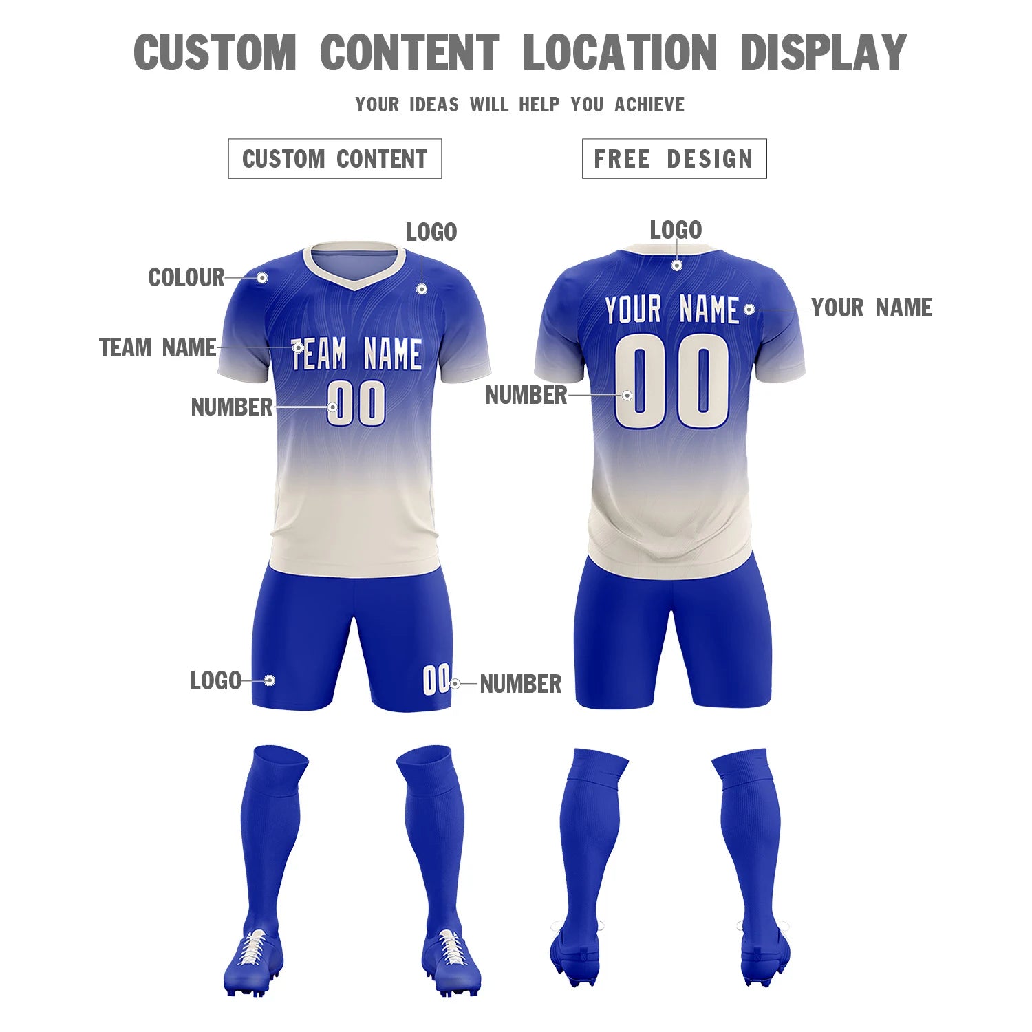 Custom Royal Blue Khaki Printing Sportswear Soccer Sets Jersey