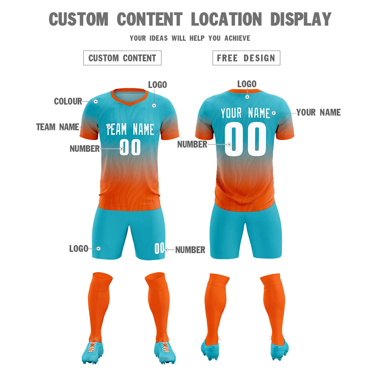 Custom SKy Blue Orange Printing Sportswear Soccer Sets Jersey