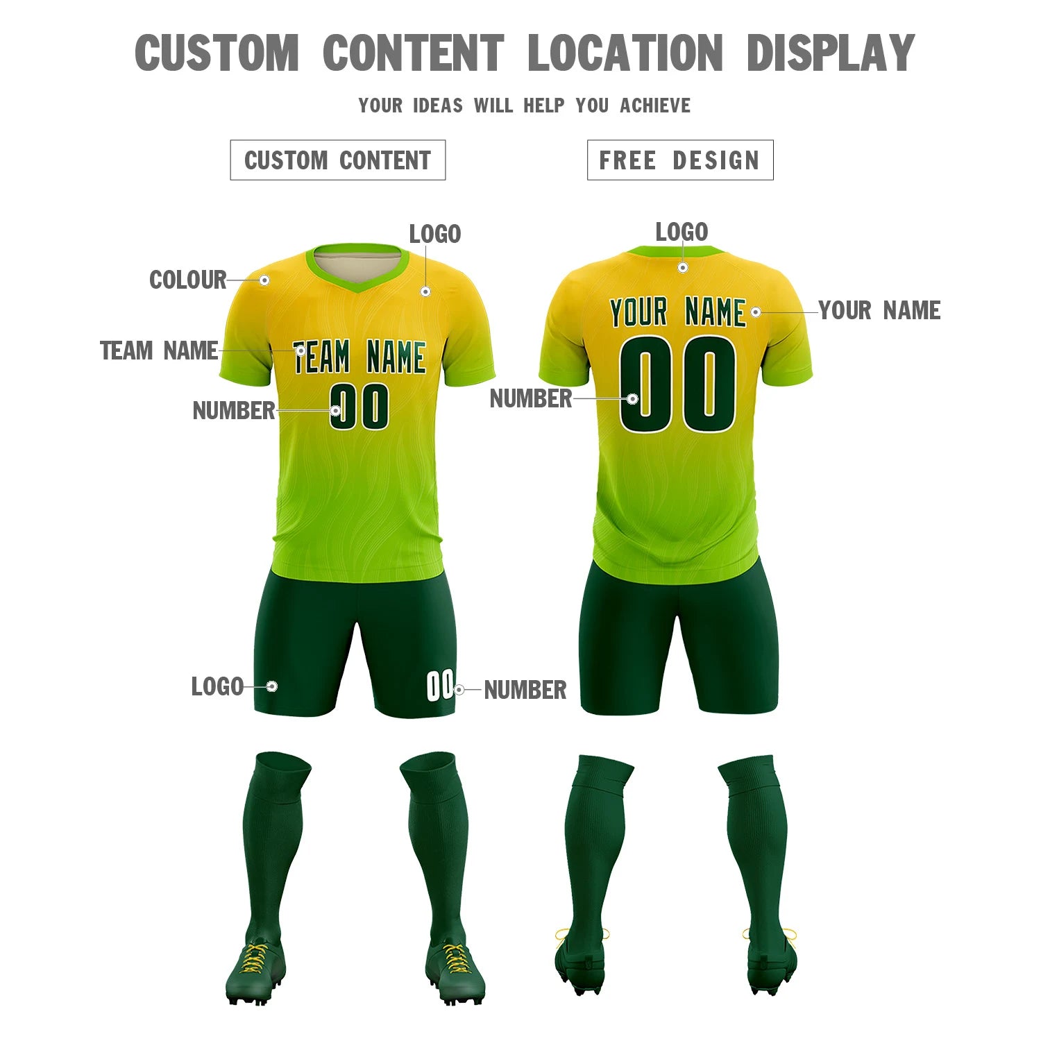 Custom Gold01 Neon Green Printing Sportswear Soccer Sets Jersey