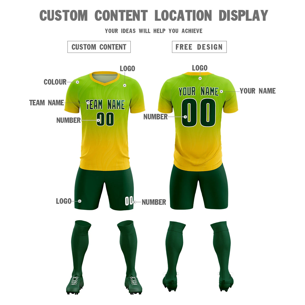 Custom Neon Green Gold01 Printing Sportswear Soccer Sets Jersey