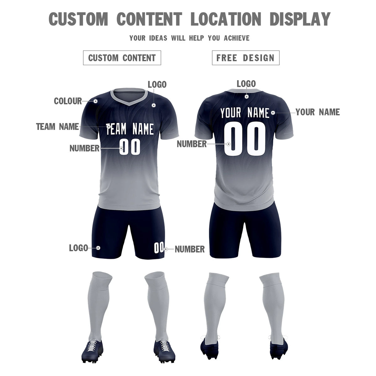 Custom Navy Gray Printing Sportswear Soccer Sets Jersey