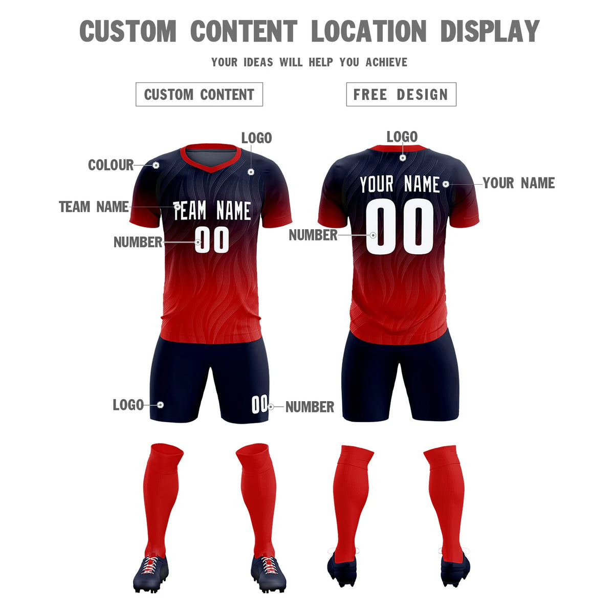 Custom Navy Red Printing Sportswear Soccer Sets Jersey