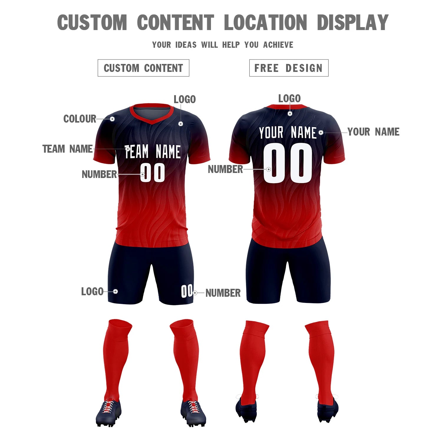 Custom Navy Red Printing Sportswear Soccer Sets Jersey