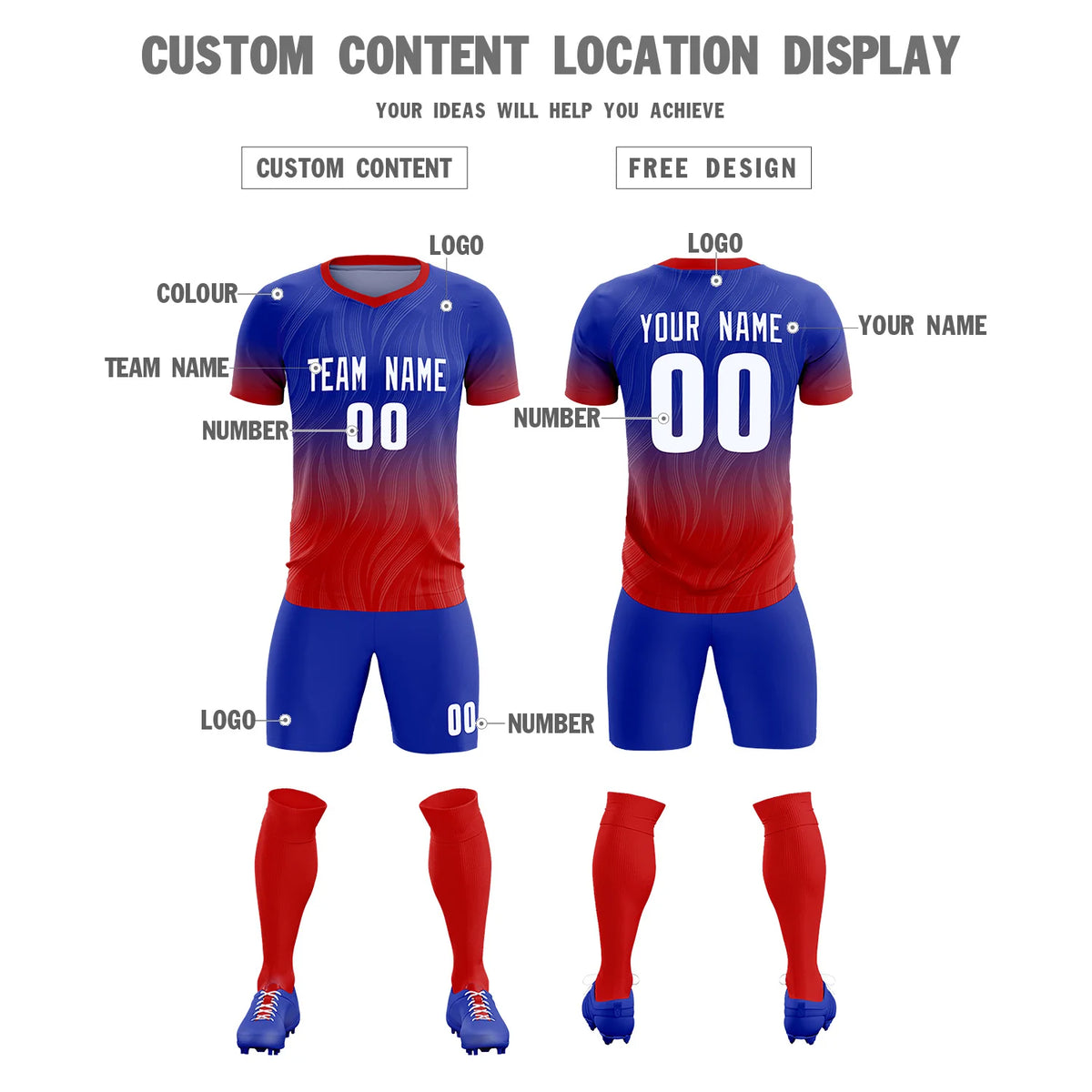 Custom Royal Blue Red Printing Sportswear Soccer Sets Jersey