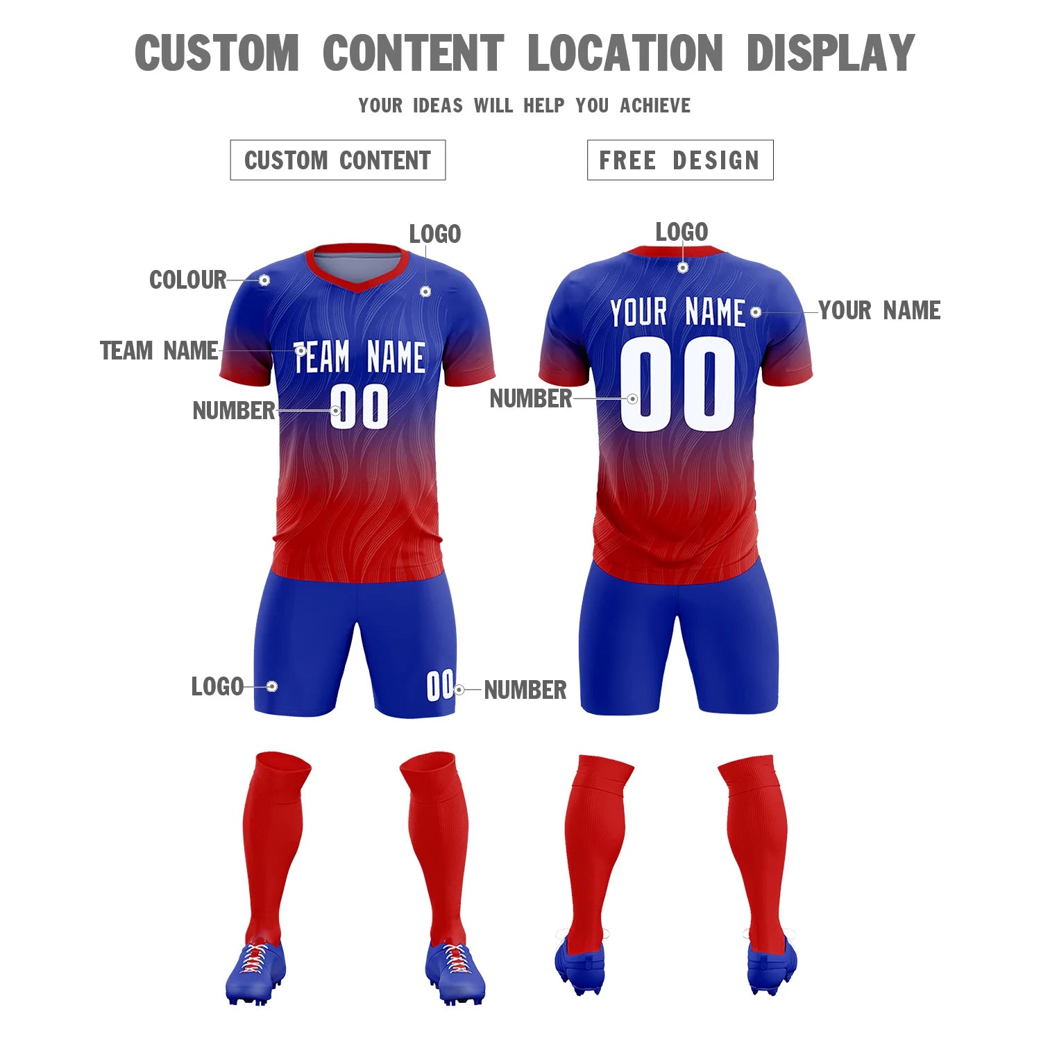 Custom Royal Blue Red Printing Sportswear Soccer Sets Jersey