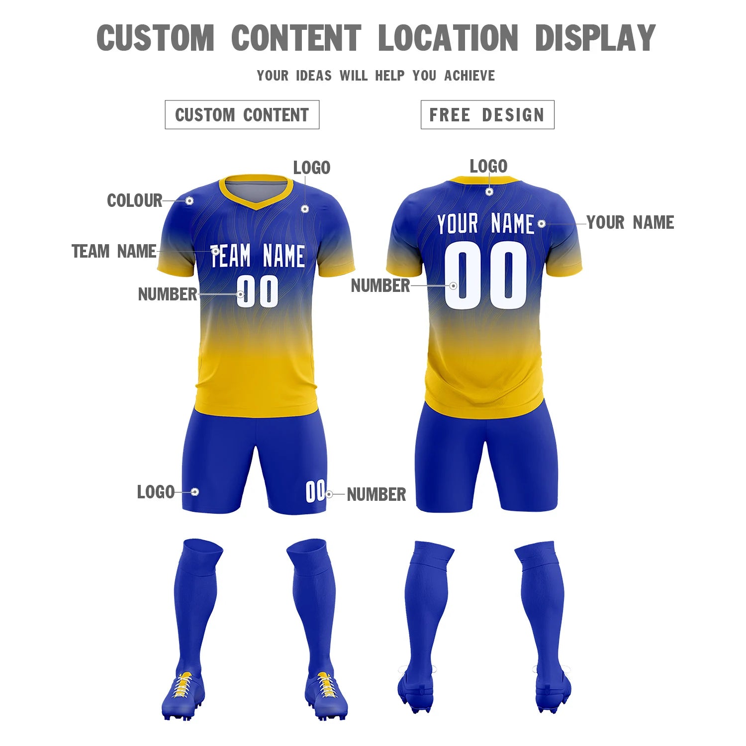 Custom Royal Blue Gold01 Printing Sportswear Soccer Sets Jersey