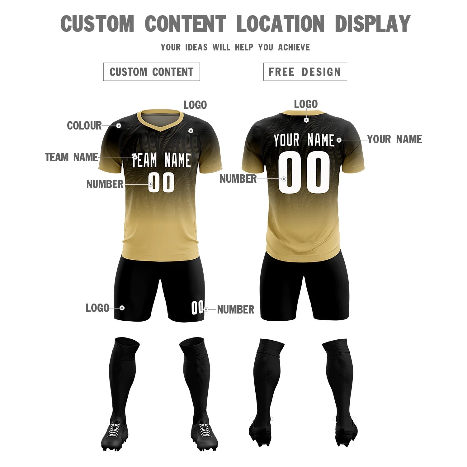 Custom Black Khaki Printing Sportswear Soccer Sets Jersey