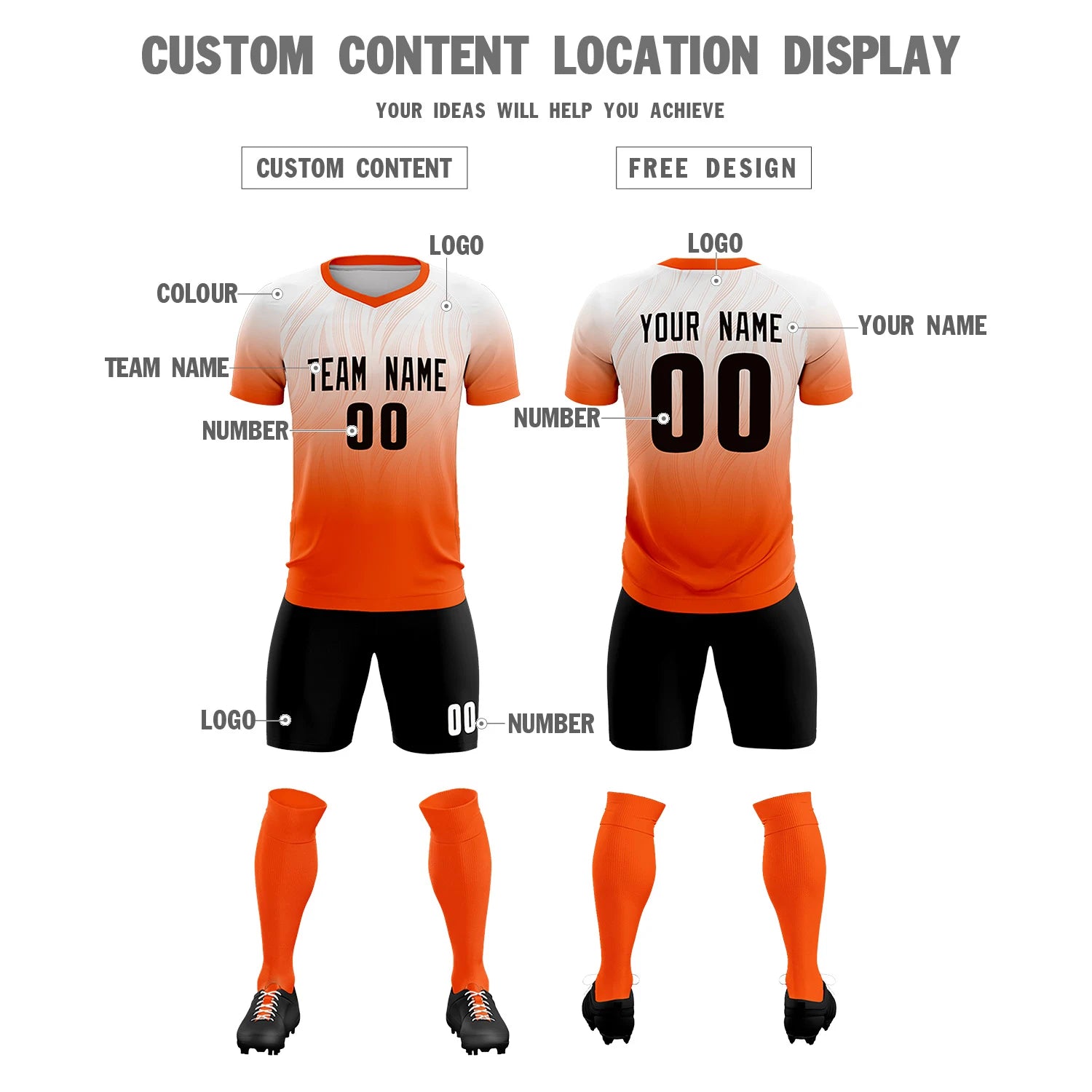 Custom White Orange Printing Sportswear Soccer Sets Jersey