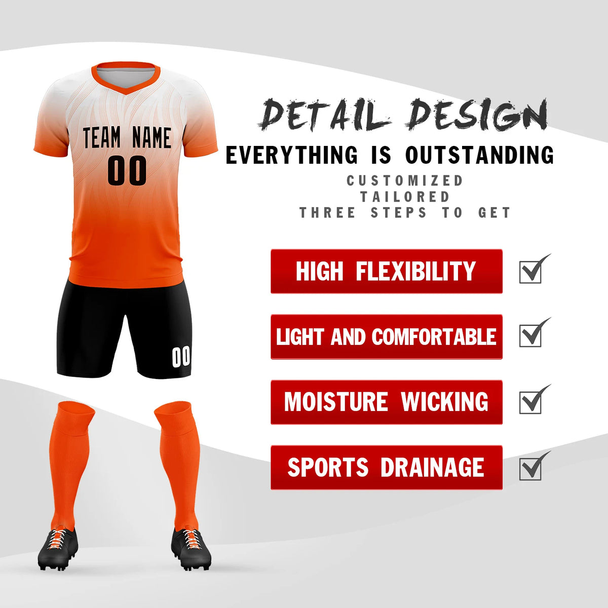 Custom White Orange Printing Sportswear Soccer Sets Jersey
