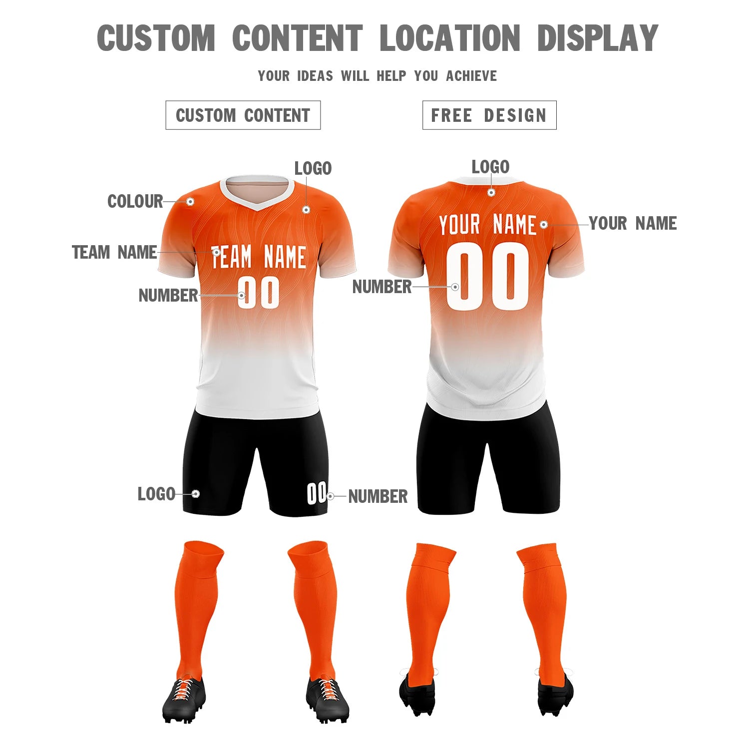 Custom Orange White Printing Sportswear Soccer Sets Jersey