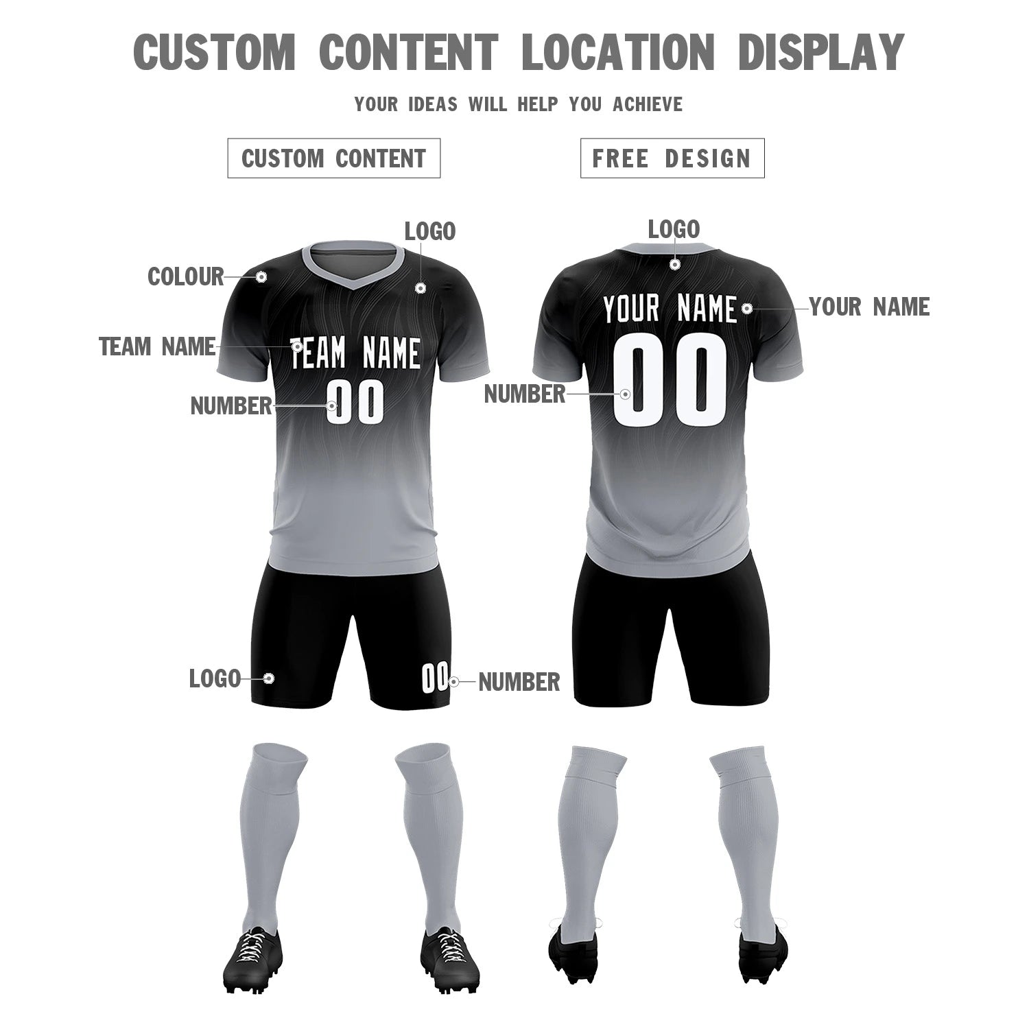 Custom Black Gray Printing Sportswear Soccer Sets Jersey