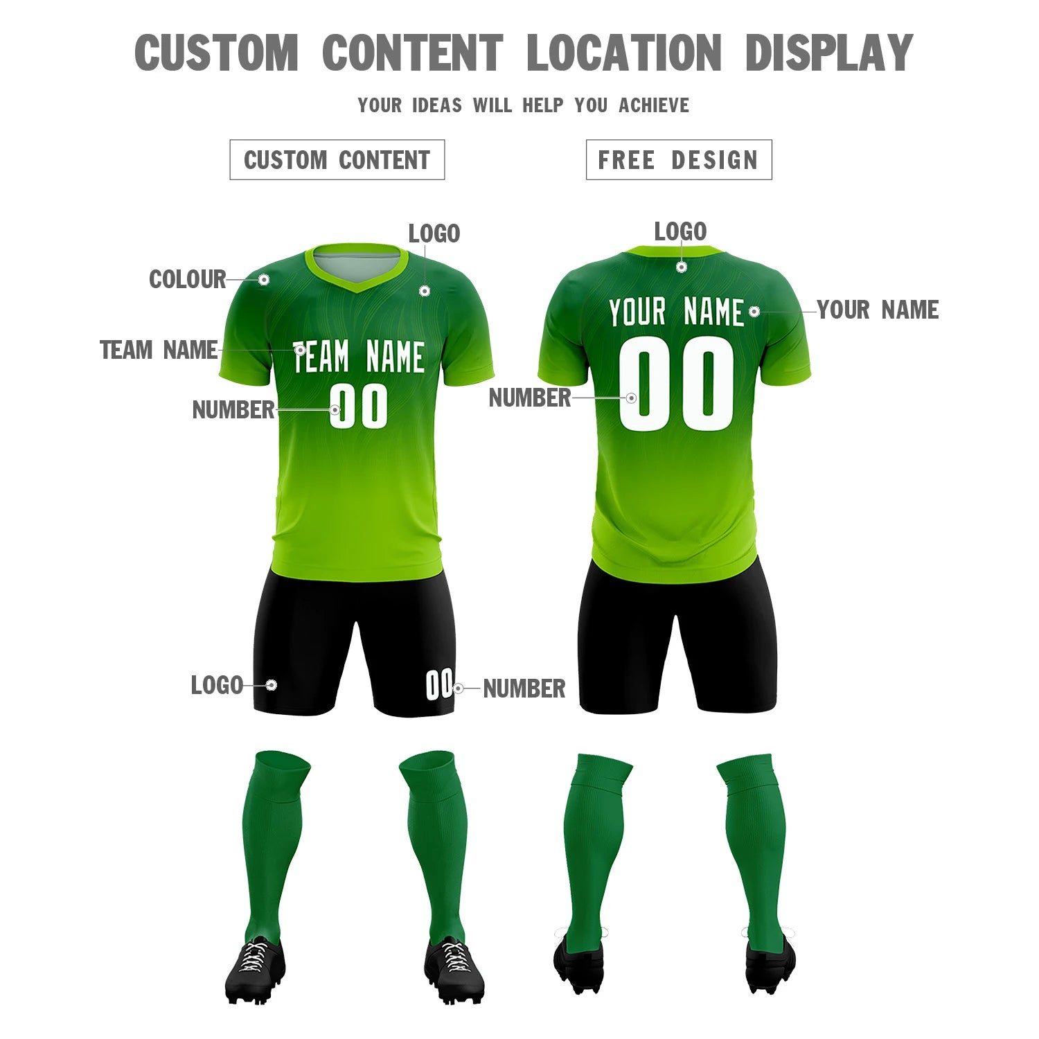 Custom Kelly Green Neon Green Printing Sportswear Soccer Sets Jersey