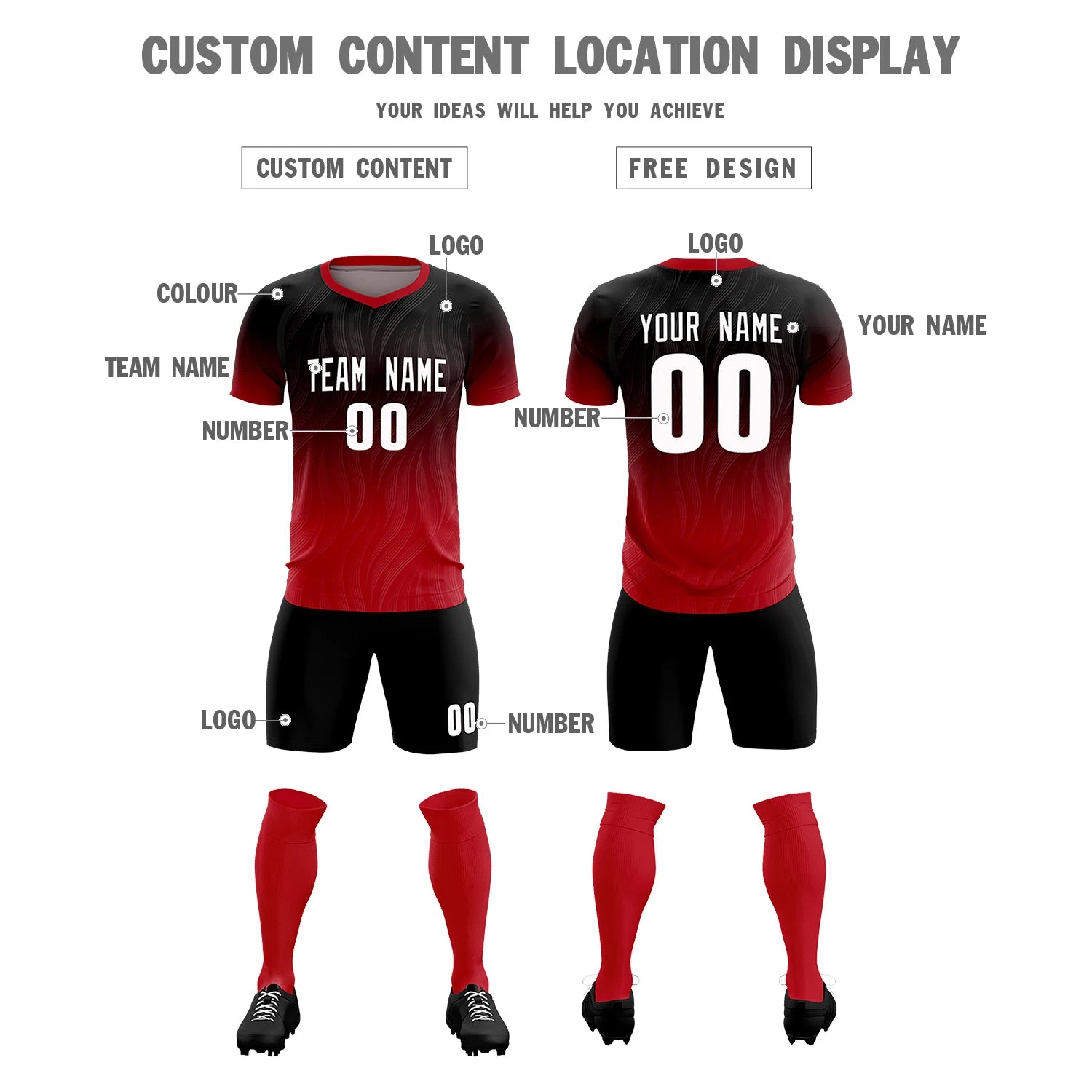 Custom Black Red Printing Sportswear Soccer Sets Jersey