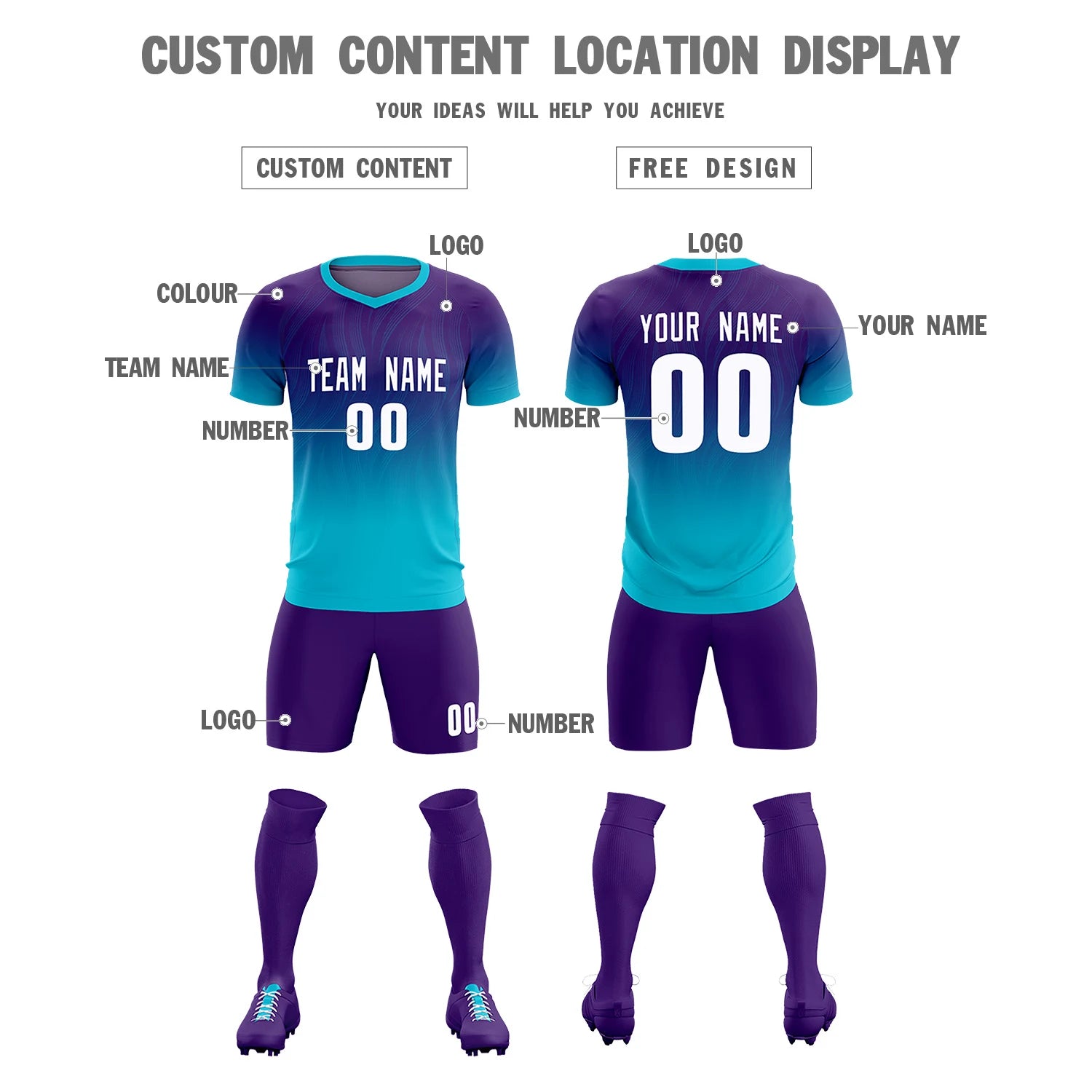 Custom Purple Sky Blue Printing Sportswear Soccer Sets Jersey