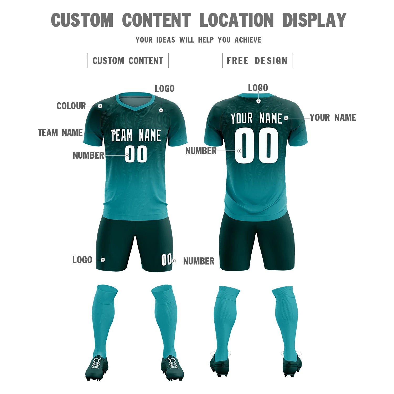 Custom Midnight Green Aqua Printing Sportswear Soccer Sets Jersey