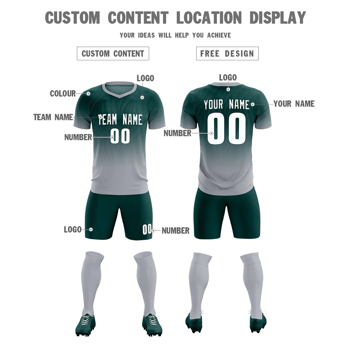 Custom Midnight Green Gray Printing Sportswear Soccer Sets Jersey