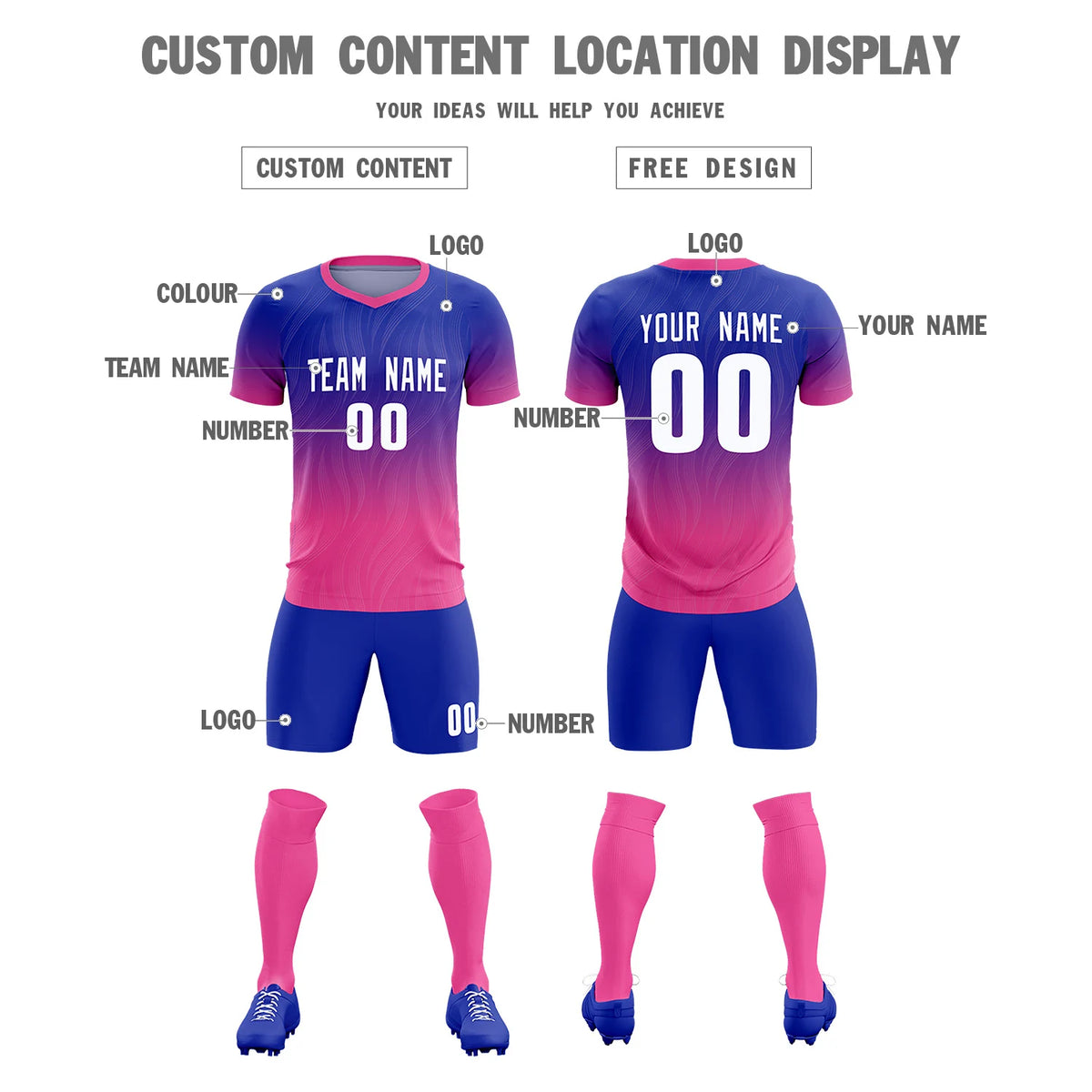 Custom Royal Blue Pink Printing Sportswear Soccer Sets Jersey